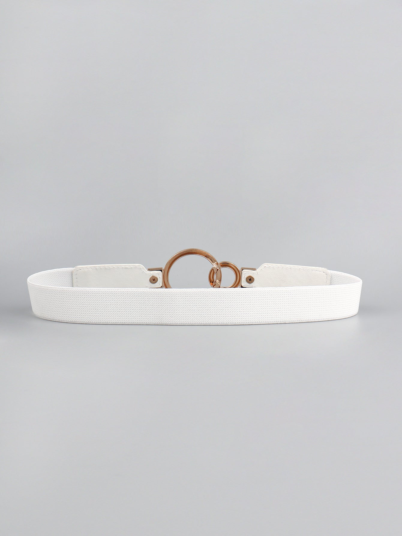 White elastic belt with double ring buckle and rose-gold hardware