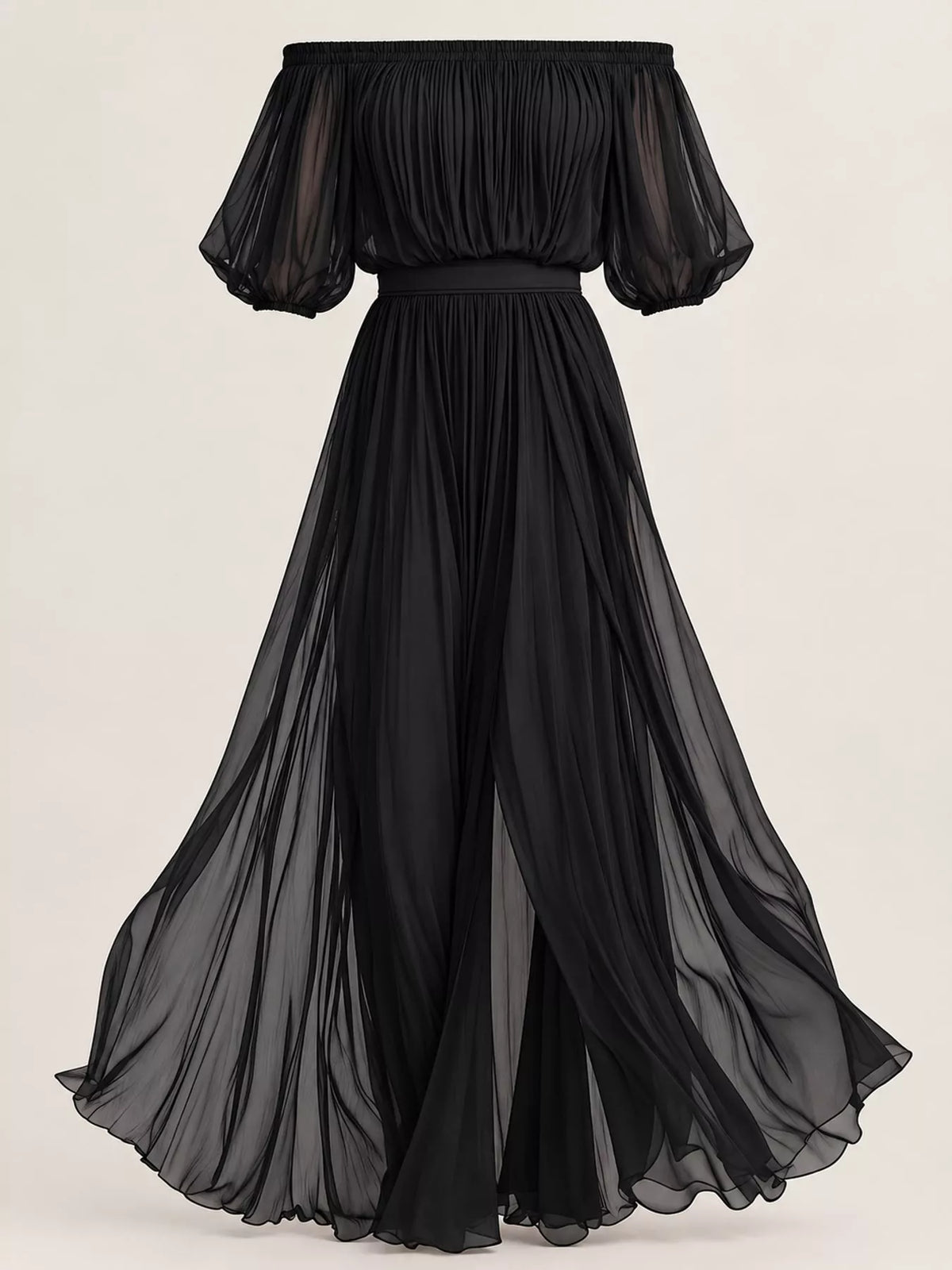 Black off-shoulder chiffon maxi dress back view with gathered neckline and layered hem