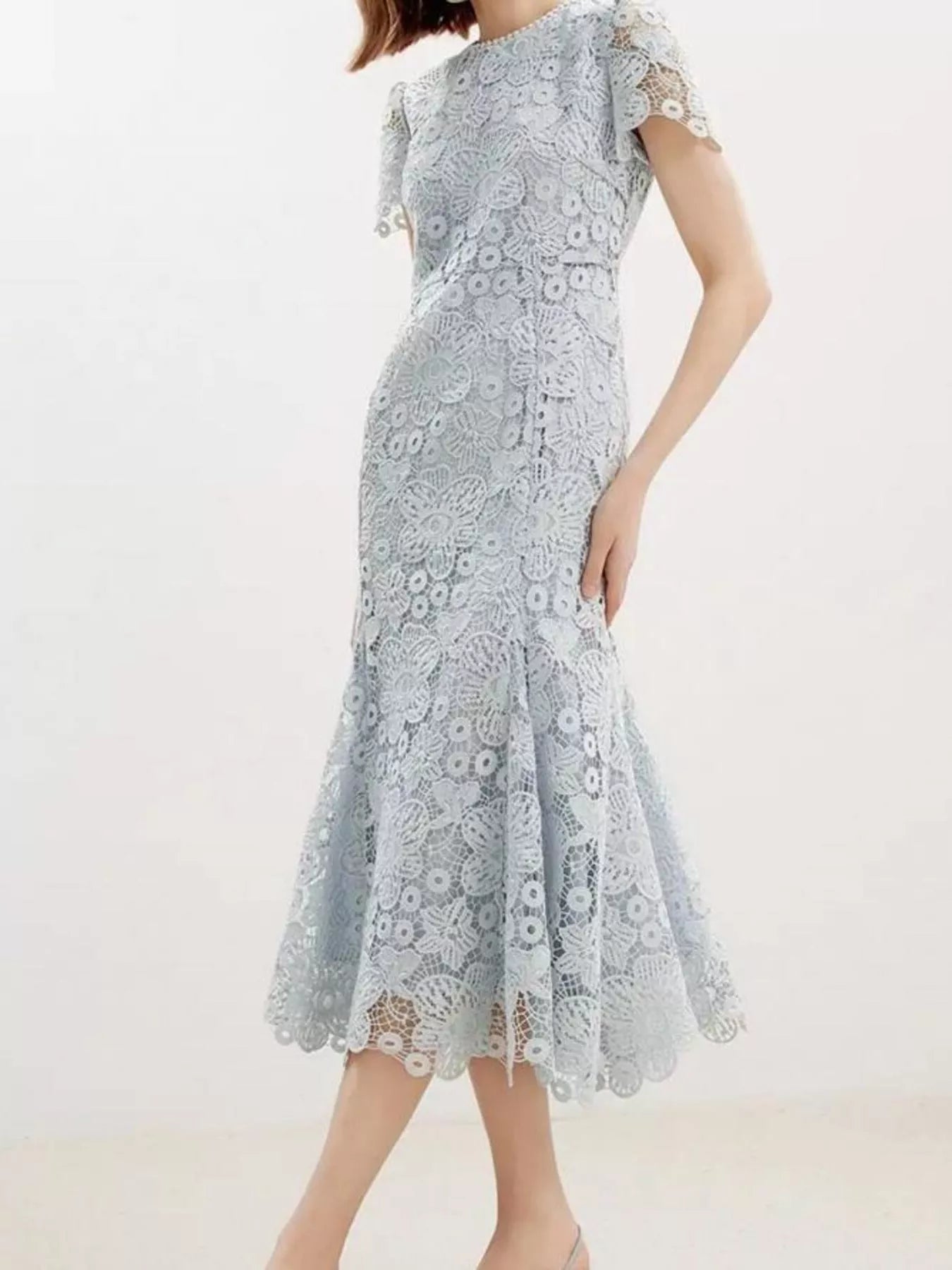 Cedar & Moore Lace Short Sleeve Mermaid Dress in pale blue lace with floral pattern and zipper, midi length.