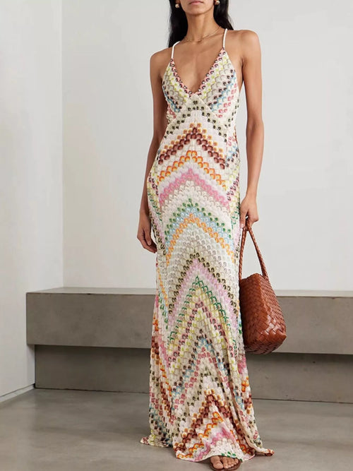 Backless spaghetti-strap maxi dress with chevron zigzag multicolor pattern and V-neck
