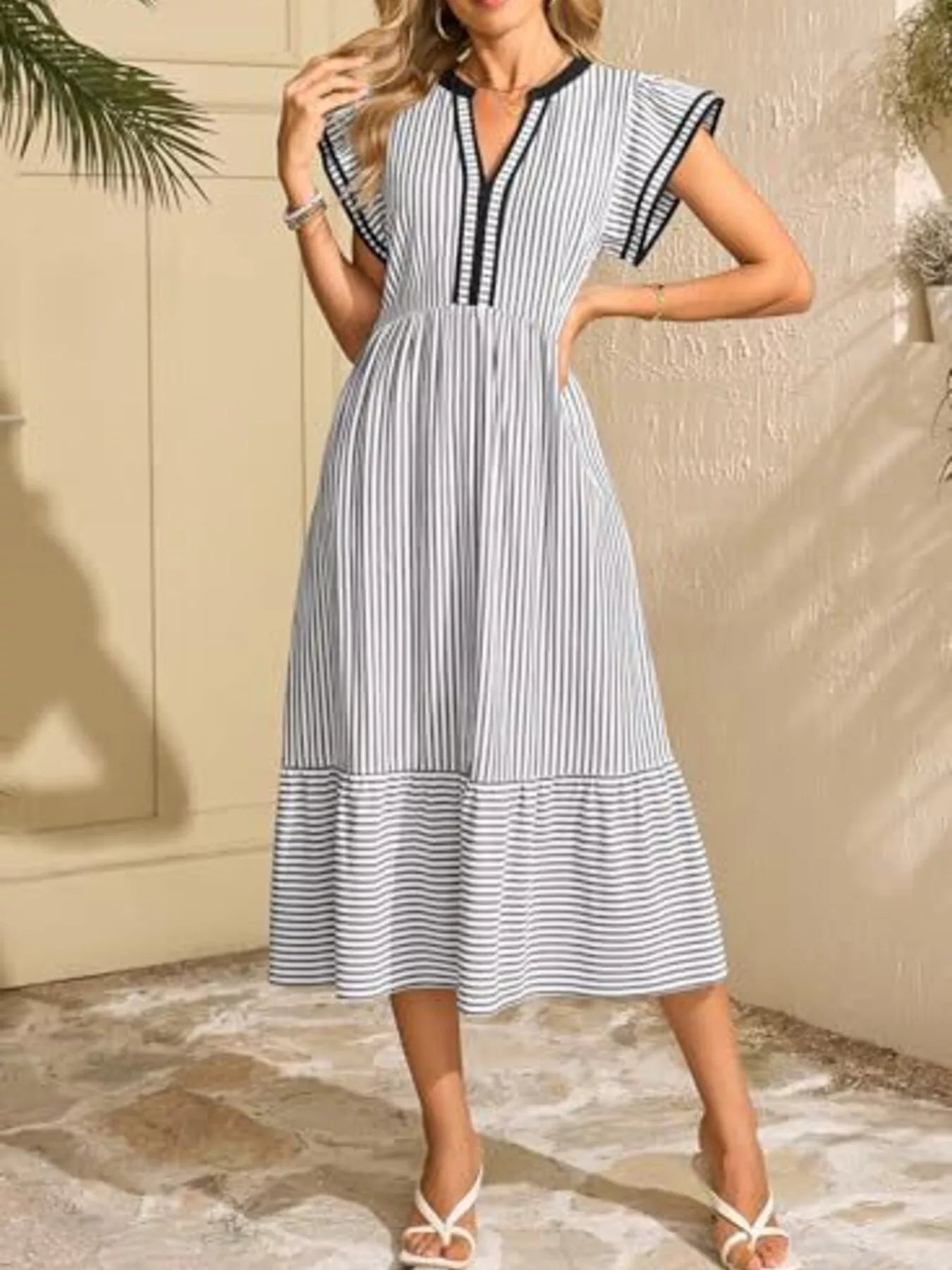 Striped Notched Ruffle Sleeve Dress by Trendsi with pockets in blue/white, midi length