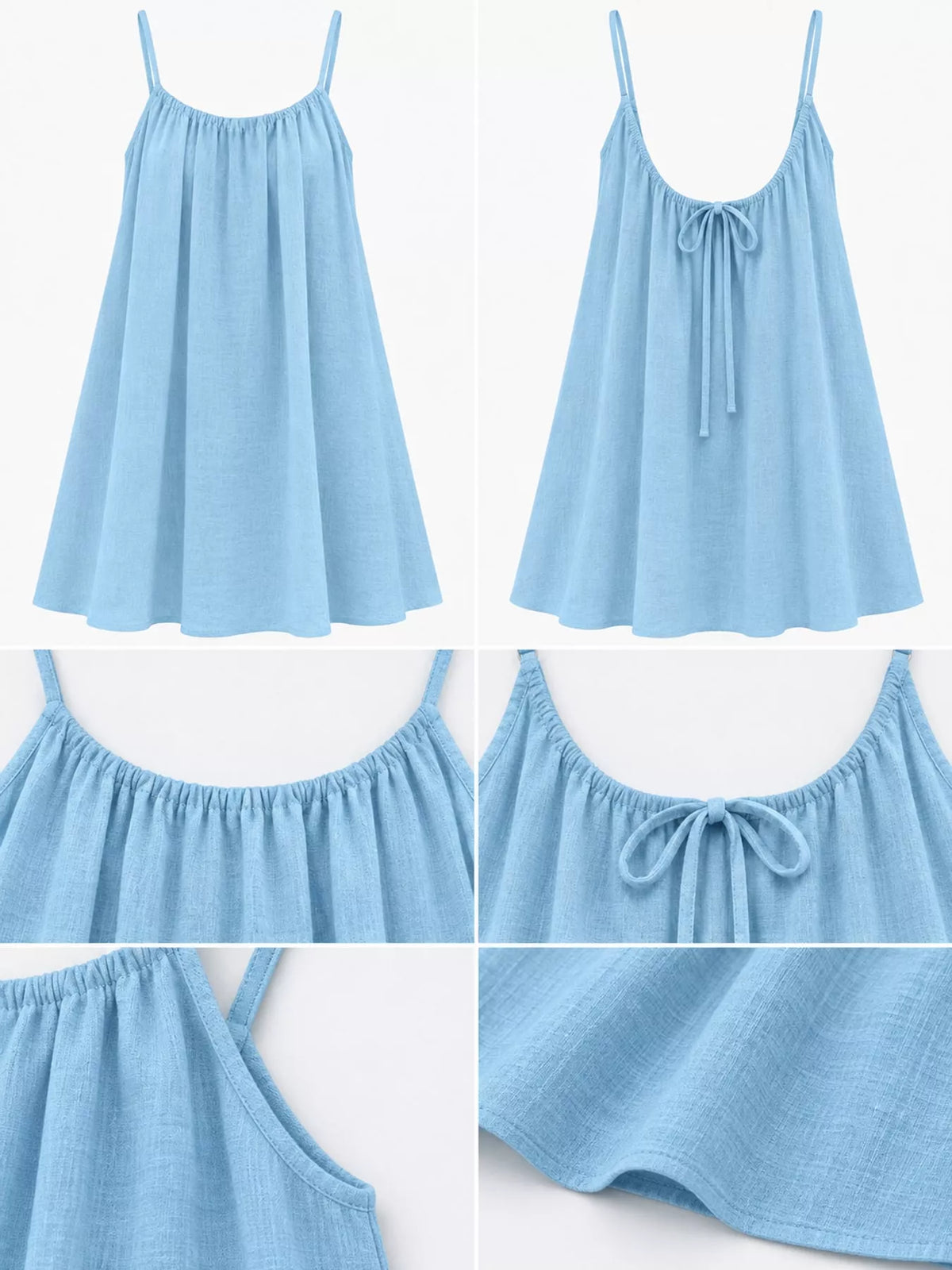 Light blue spaghetti strap ruched mini dress detail: tie-back and pleated bodice