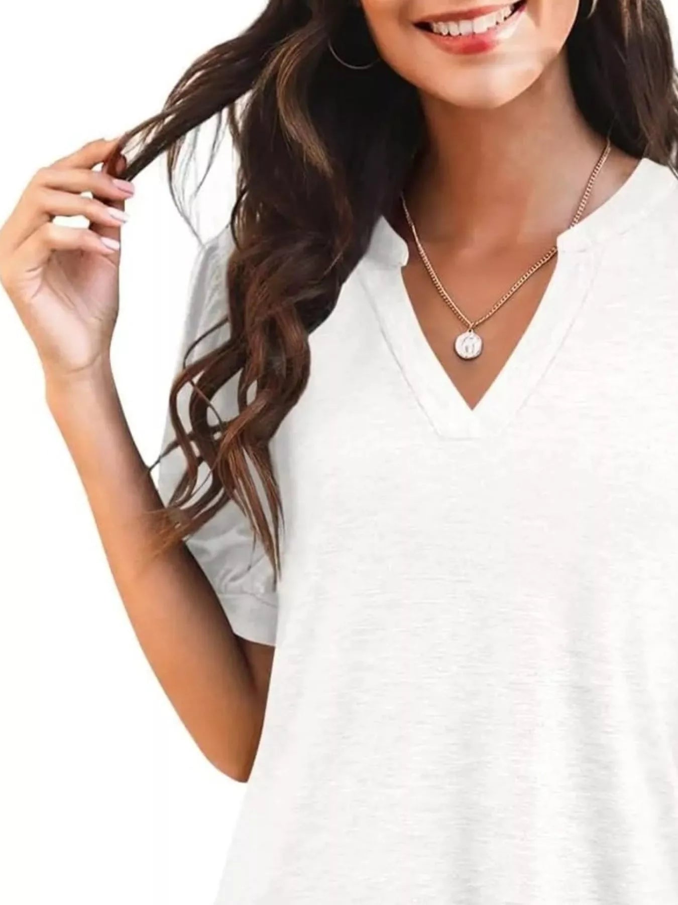Cedar & Moore Puff Sleeve Notched Casual T-Shirt, white, notched V-neck
