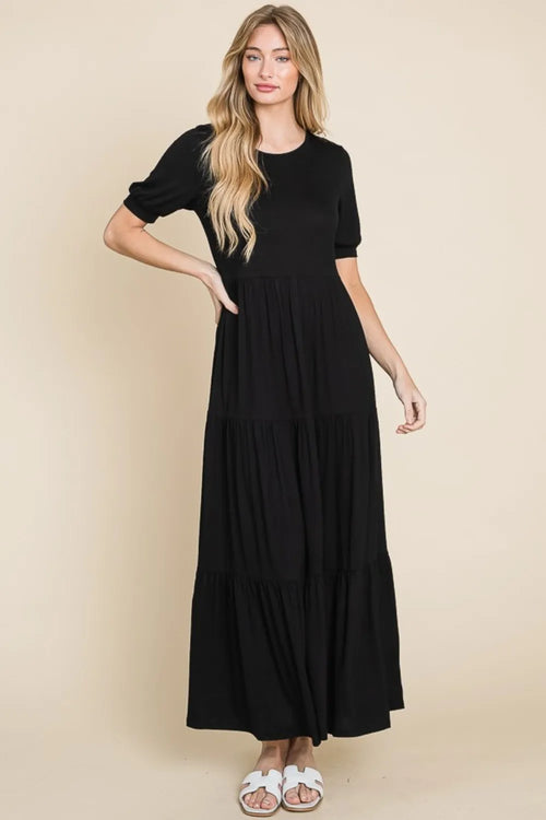 Black short-sleeve tiered maxi dress with gathered skirt