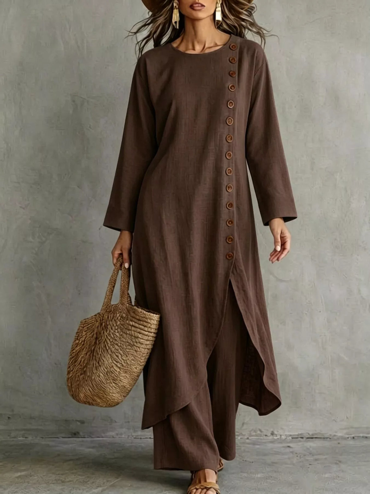 Brown longline top and pants set, round neck, side-button placket, asymmetrical drape