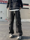 Black wide-leg cargo jeans with drawstring waist and multiple flap pockets, plus size