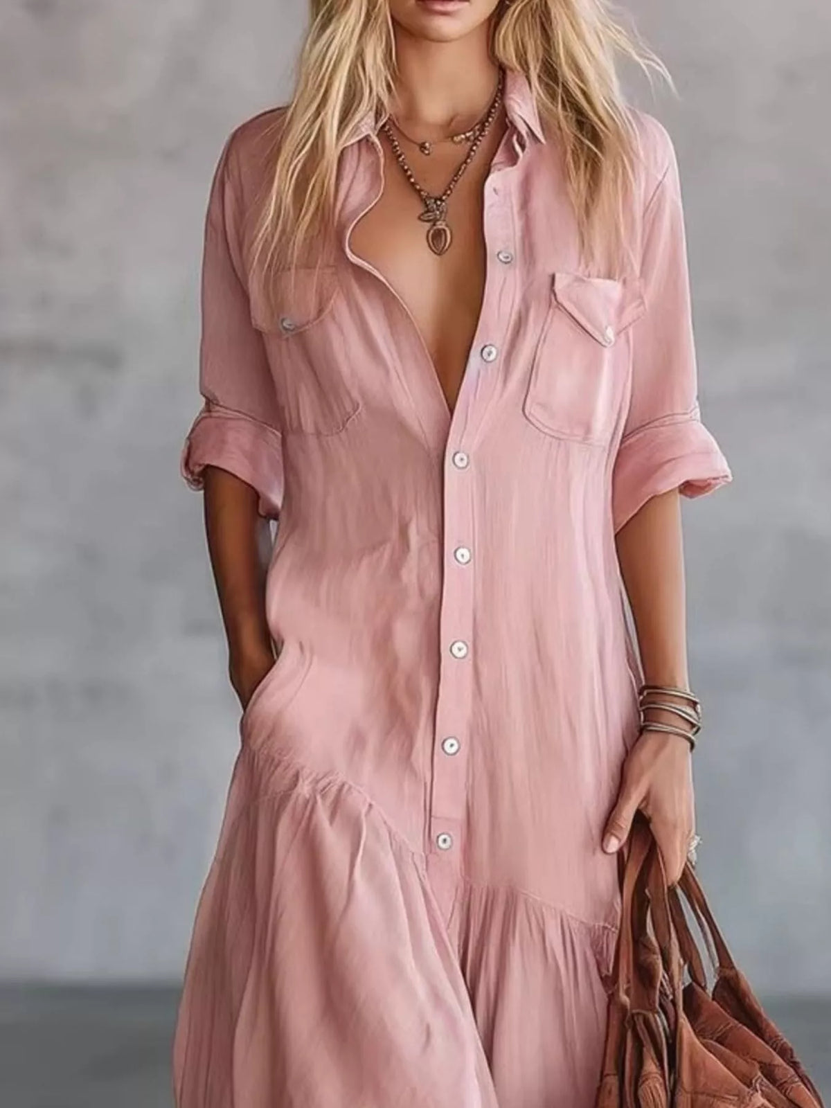 Pink maxi shirt dress with button placket, short sleeves, and chest pocket