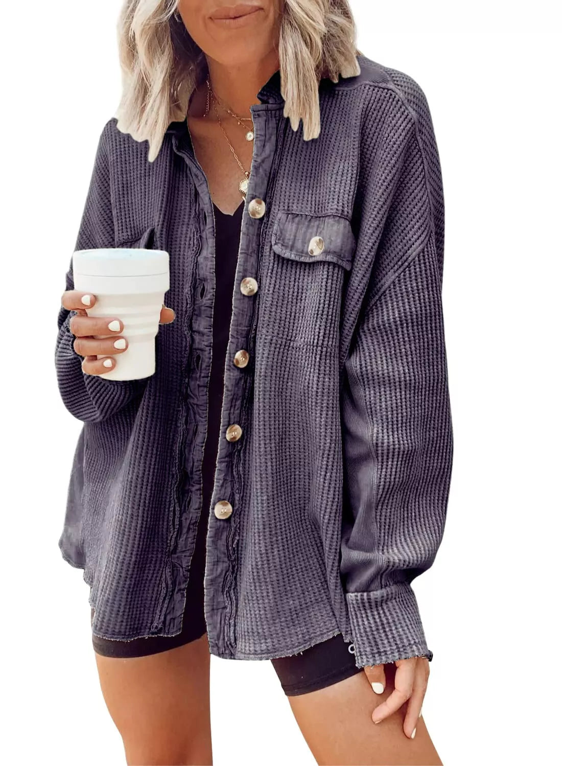 Mauve waffle-knit button-up jacket with chest pocket and snap buttons