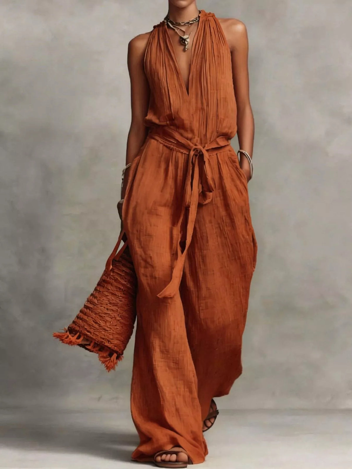 Terracotta sleeveless wide-leg jumpsuit with V-neck and tie waist belt