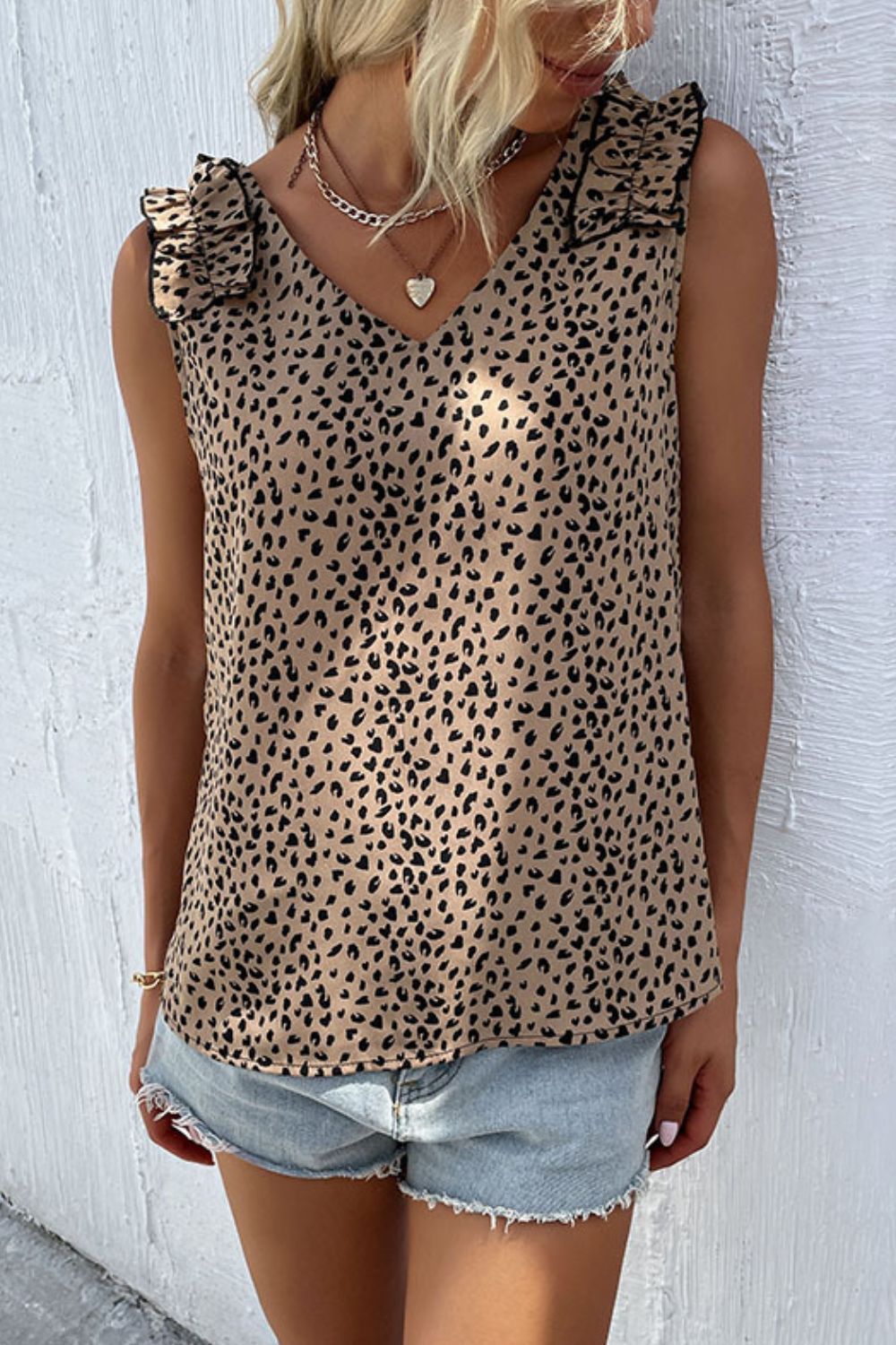 Khaki leopard-print V-neck tank with ruffled shoulder trim, front view
