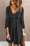 Gray long sleeve mini dress with scoop neck, button front, and empire waist gathers