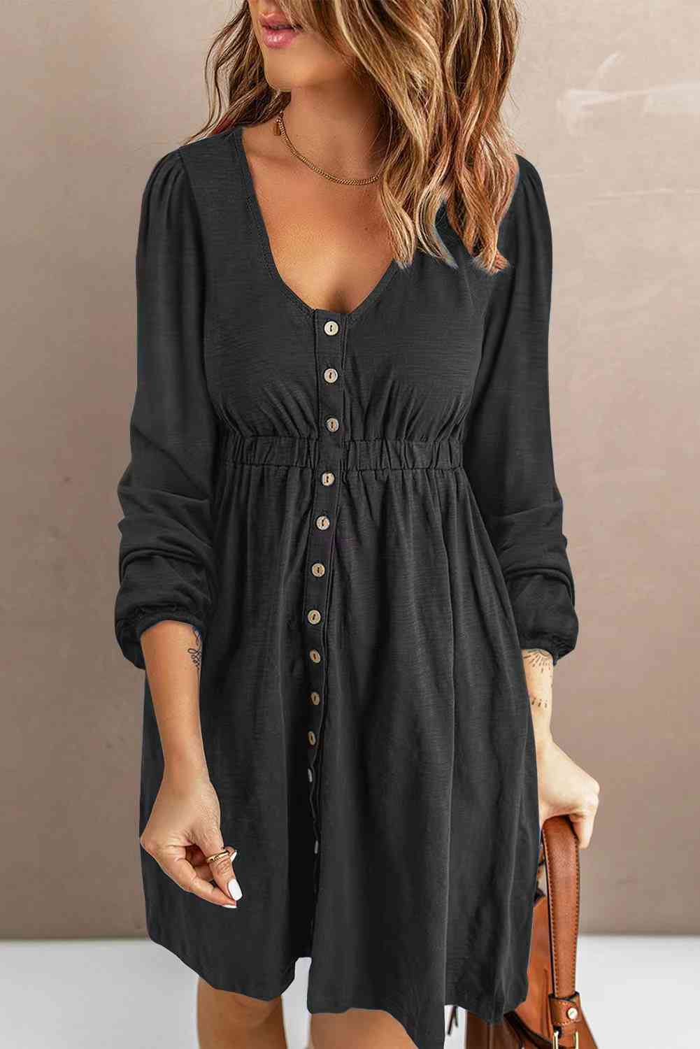 Gray long sleeve mini dress with scoop neck, button front, and empire waist gathers
