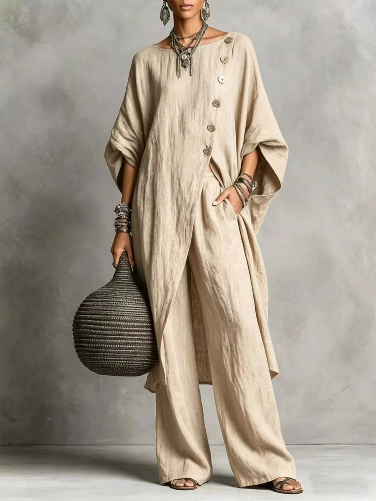 Khaki/beige two-piece button-front tunic and wide-leg pants set, 3/4 sleeves