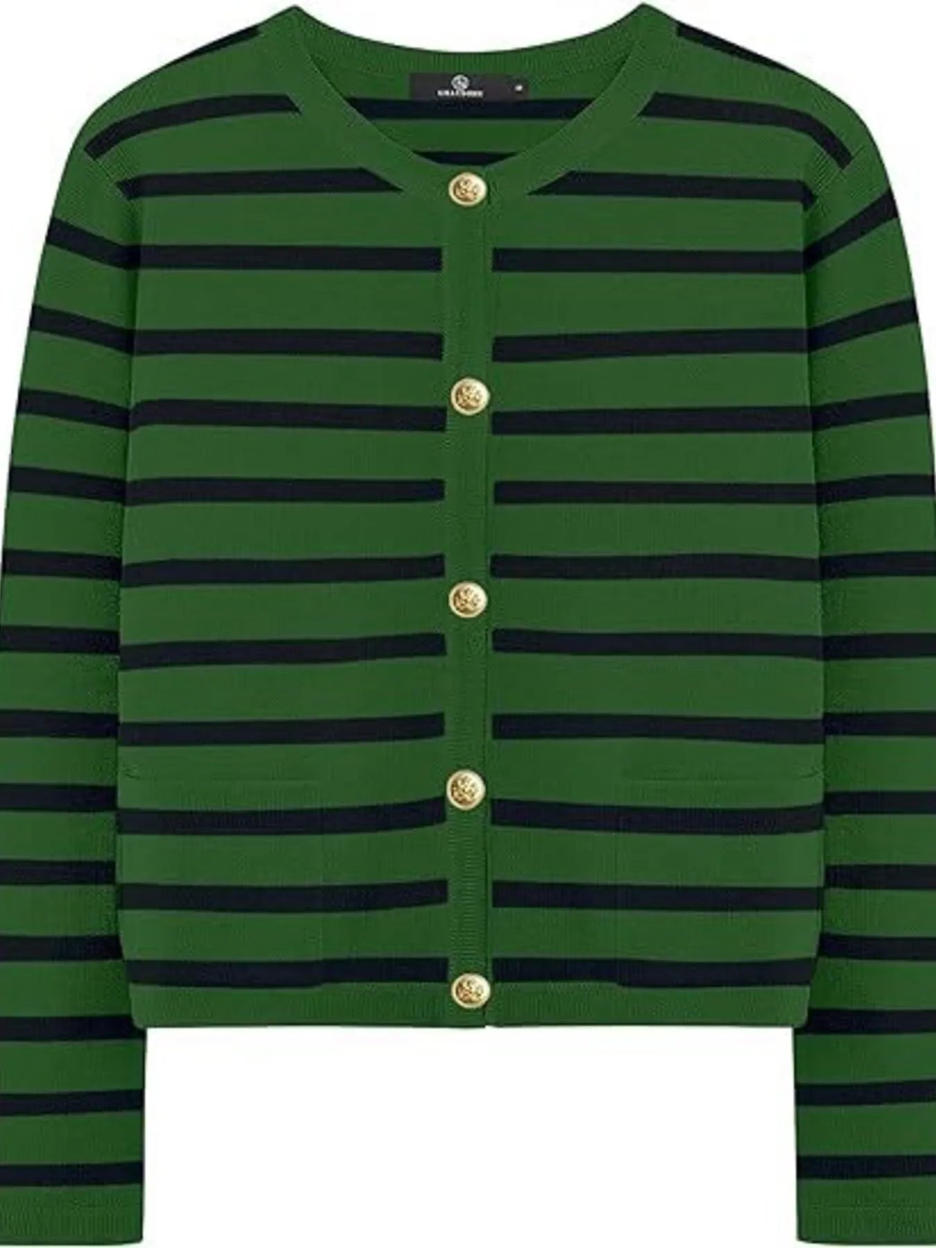 Green striped button-up cardigan with V-neck and gold button placket