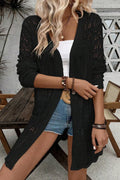 Black open-front long sleeve openwork cardigan with crochet lace pattern