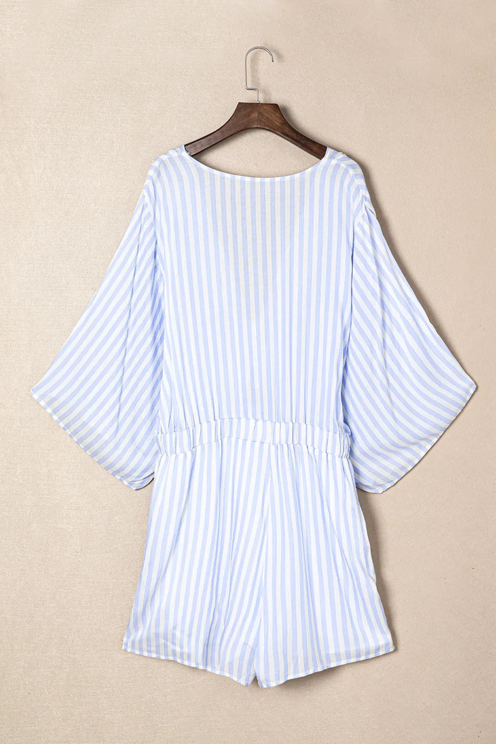 Striped kimono-sleeve romper with V neckline and gathered ruffle waist, light blue