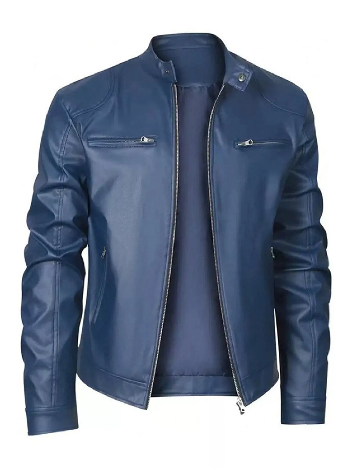 Men's zip-up vegan leather jacket, blue with snap collar and zip front.