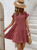 Perfee tiered notched flounce sleeve mini dress in dusty rose with buttoned front by Trendsi