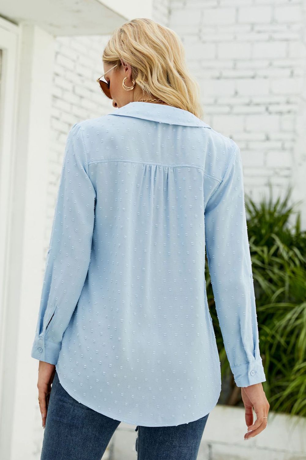 Light blue swiss dot blouse, back view, buttonless top and long sleeves