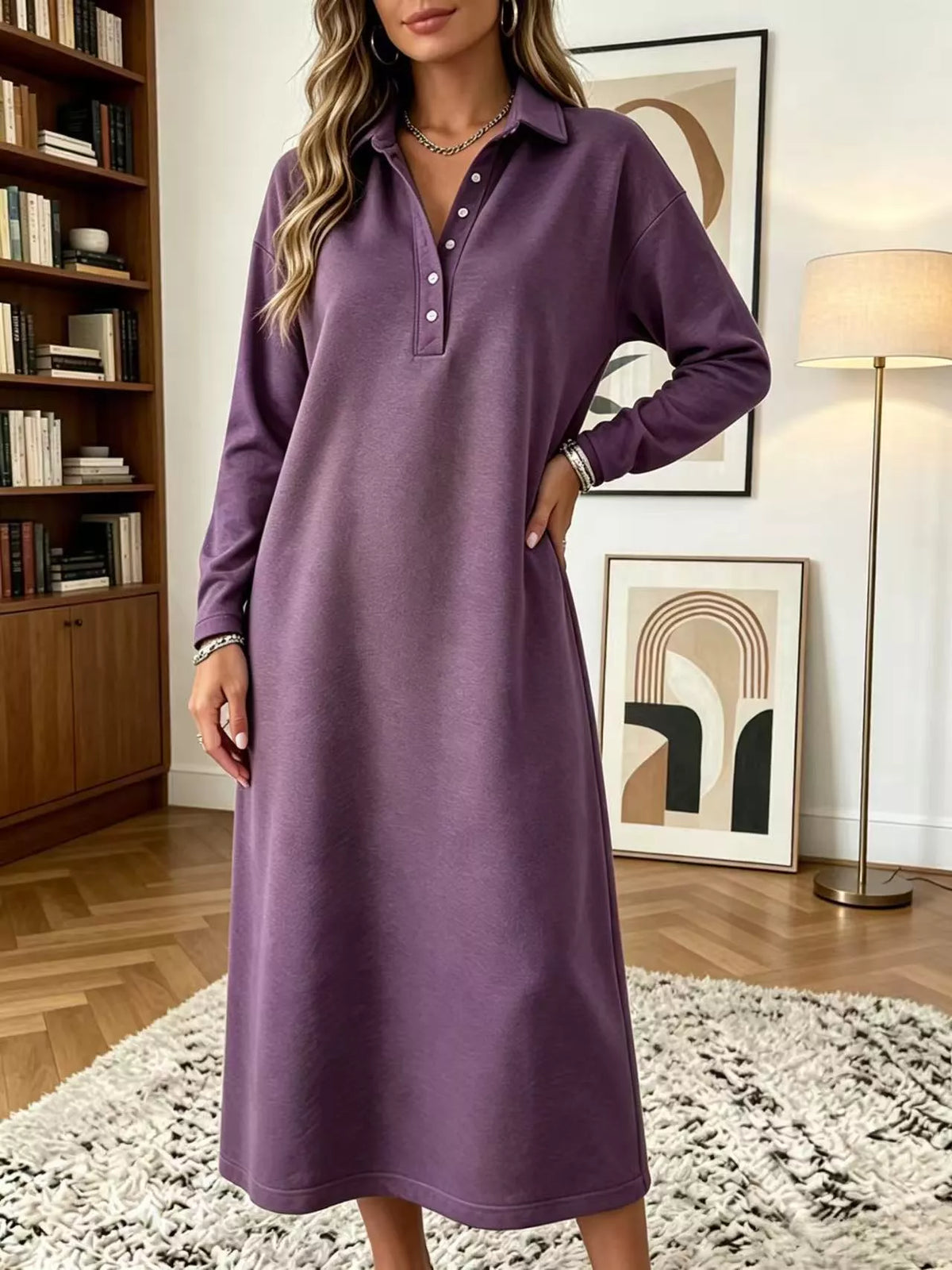 Purple long-sleeve midi polo dress with buttoned placket and polo collar