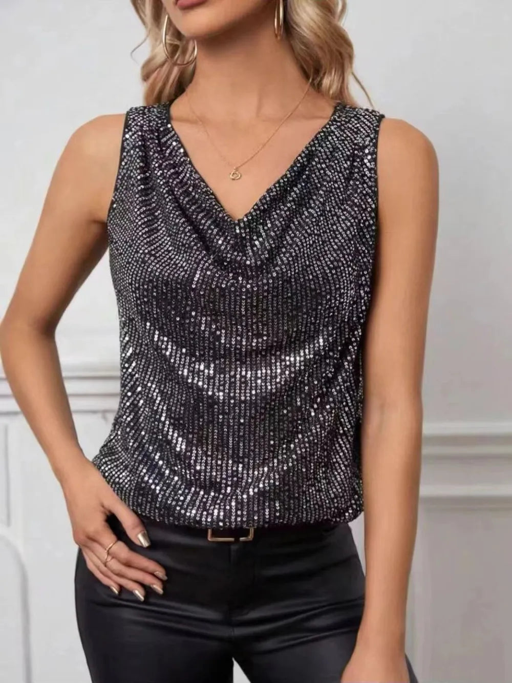 Dark sequin cowl-neck sleeveless tank top with curved drape front