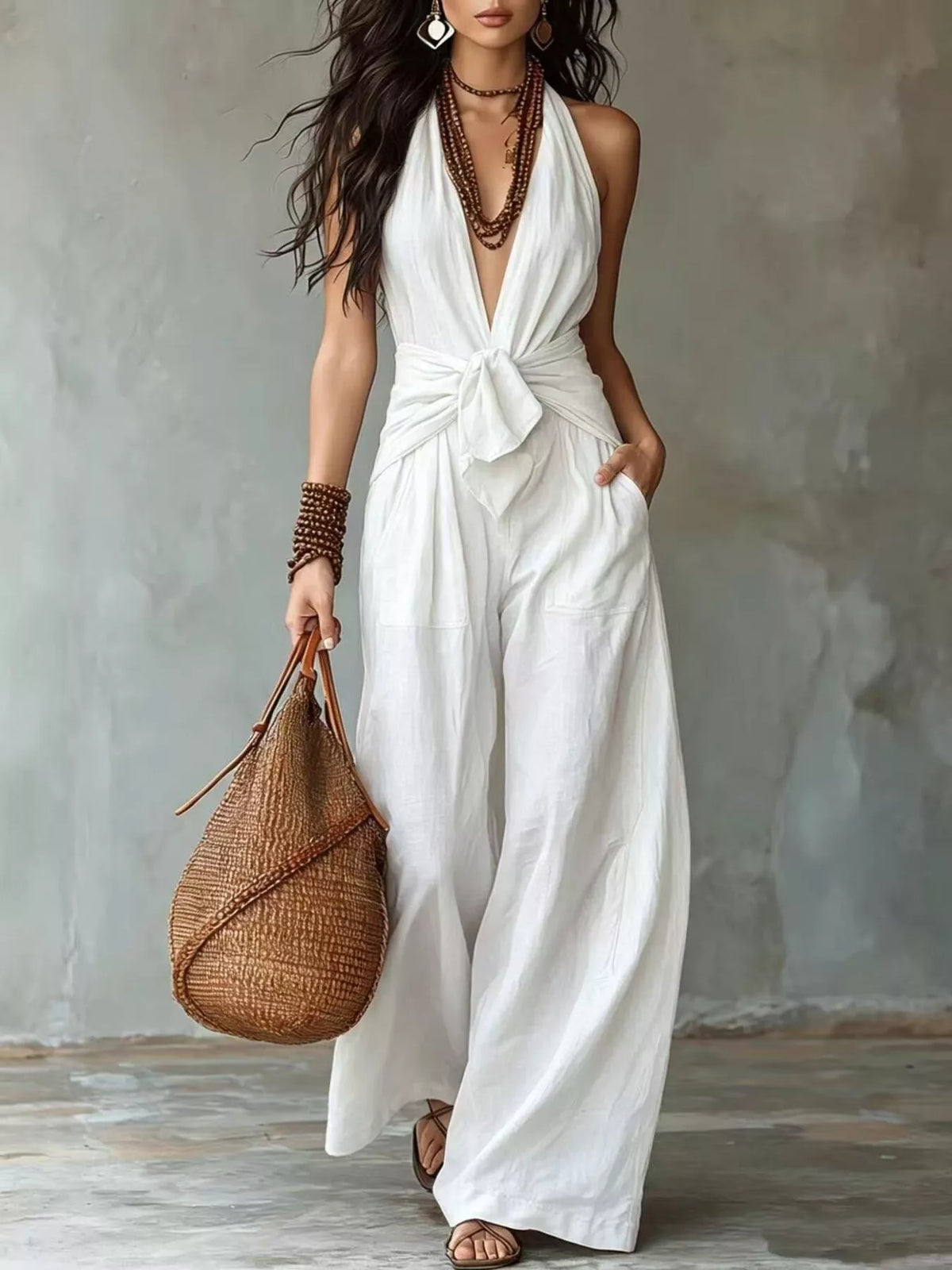 White backless halter neck wide-leg jumpsuit with front knot and gathered waist