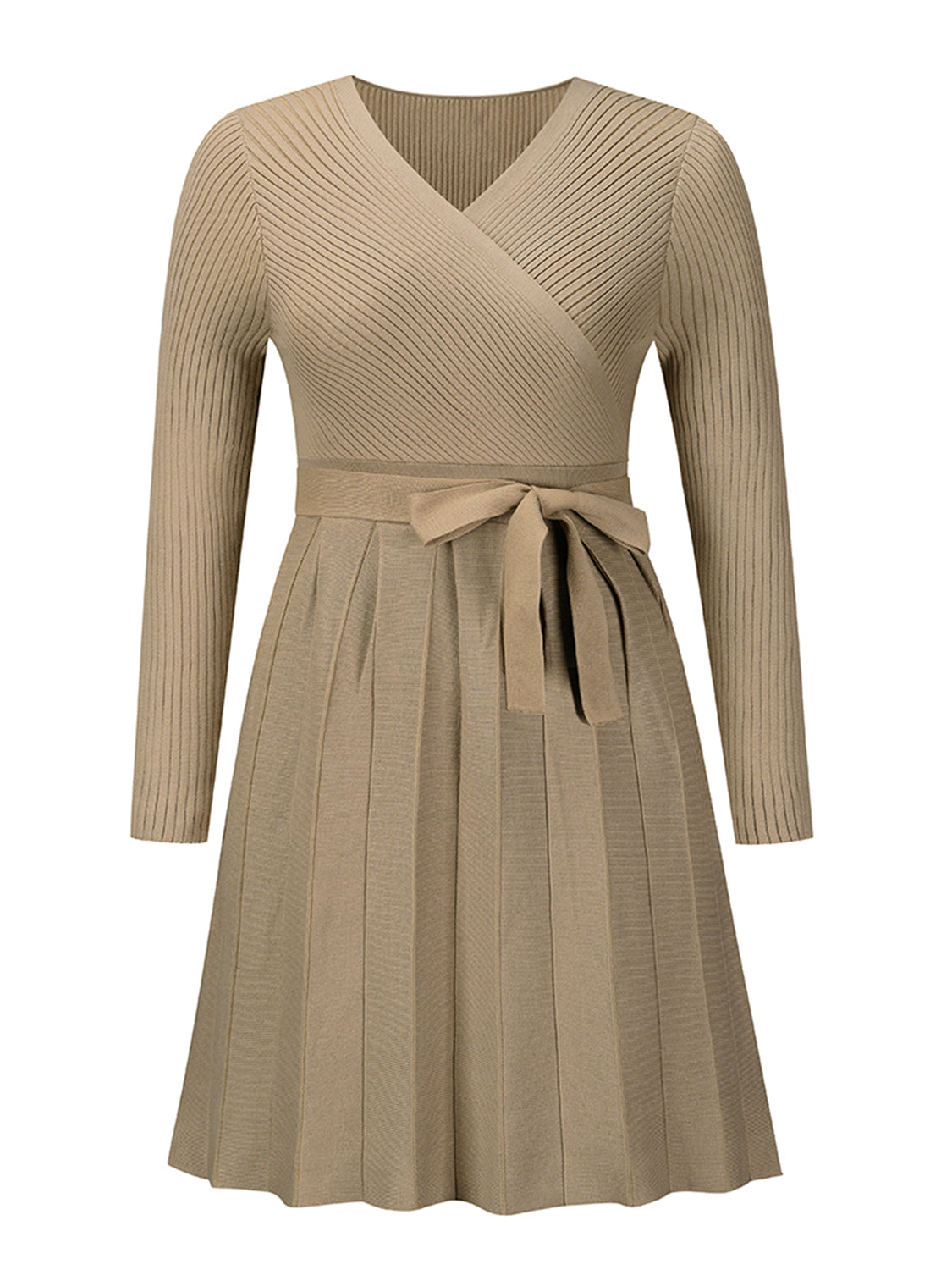 Beige surplice sweater dress, long sleeves, V-neck, tie belt and pleated skirt