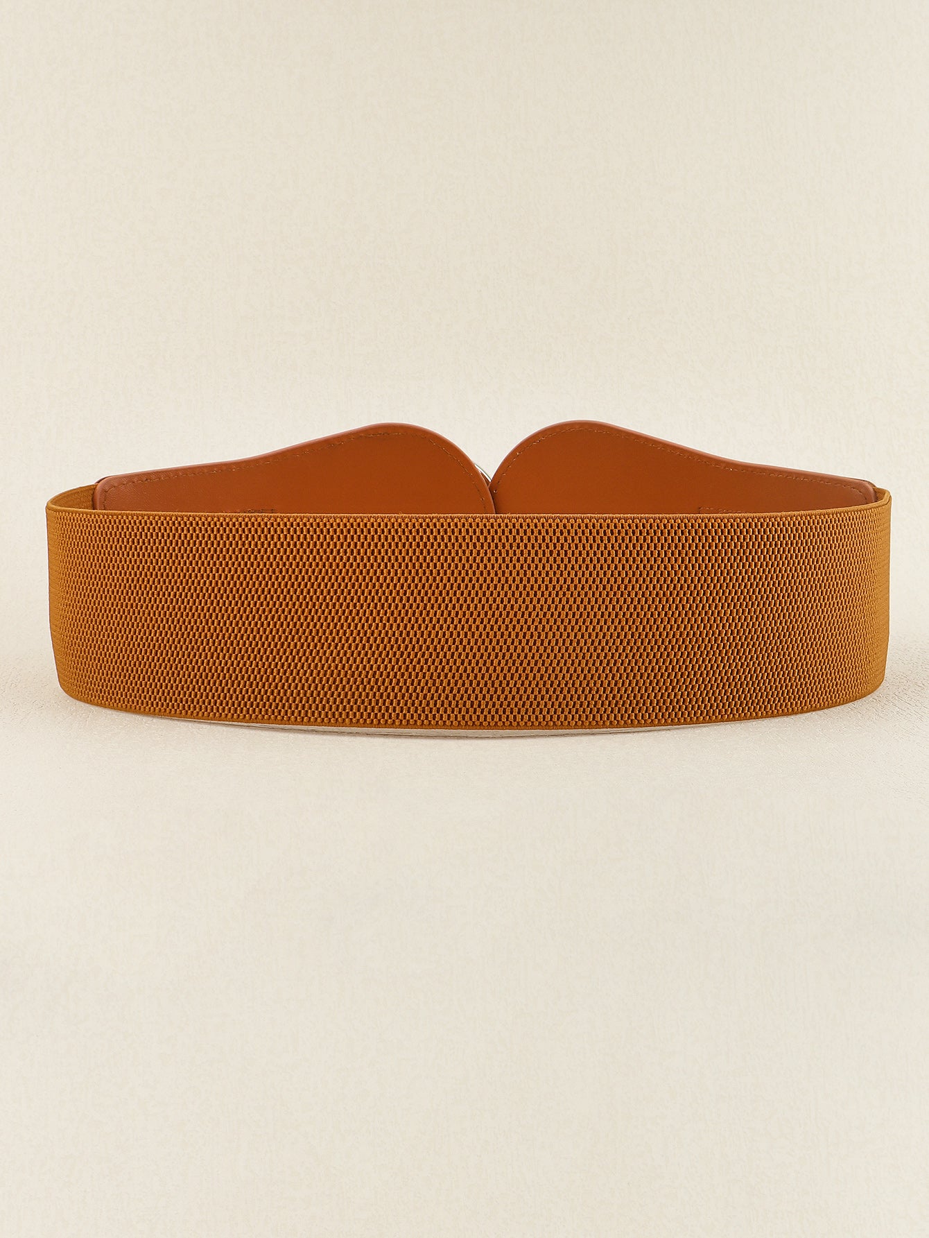 Caramel wide elastic belt band with textured vegan leather and folded buckle ends