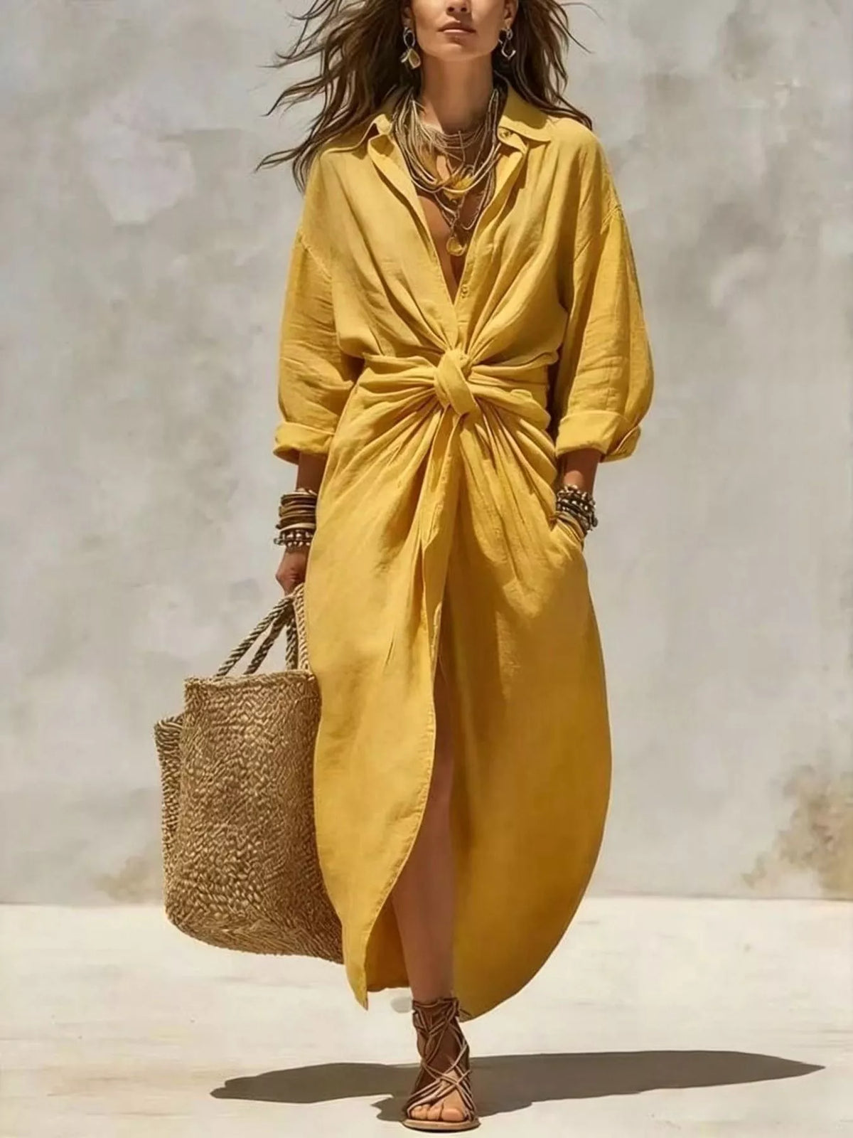 Mustard maxi shirt dress with V-neck, front tie knot, long sleeves, side pockets
