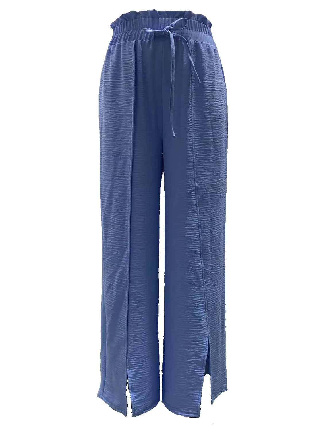 Dusty blue slit wide-leg pants with drawstring elastic waistband and side slit hem