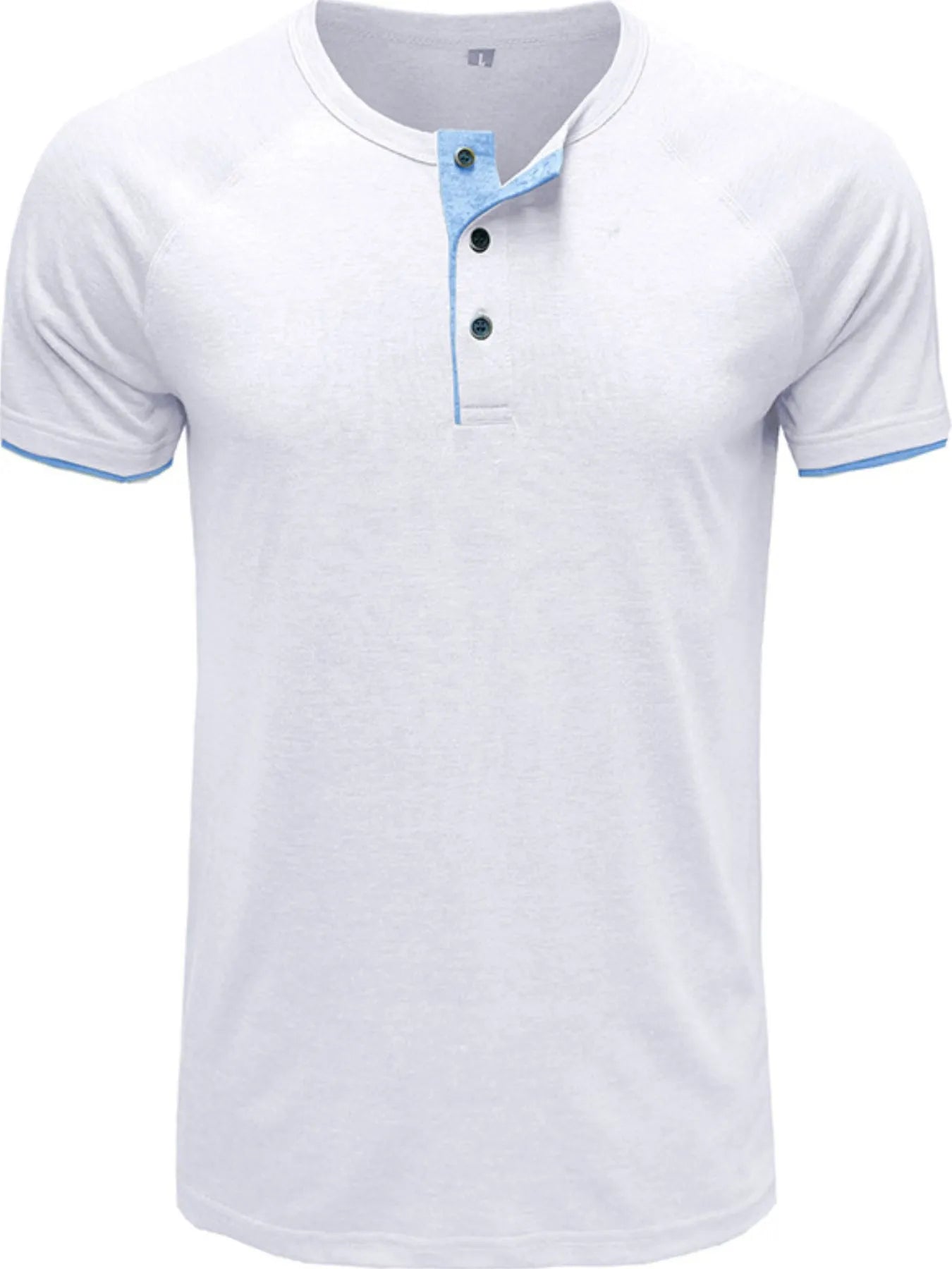 White henley polo shirt with blue collar placket, short sleeves, and button front.