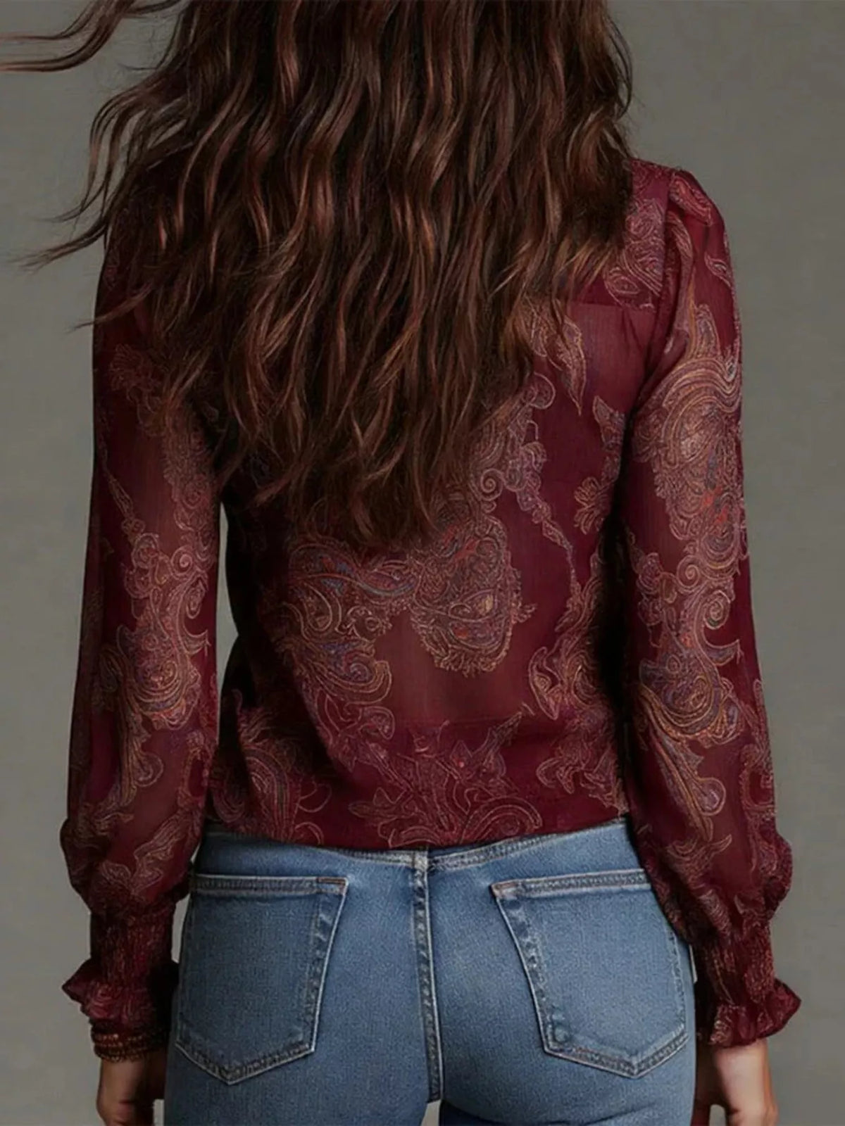 Crimson paisley ruffle zip-front blouse, sheer back with long ruched sleeves
