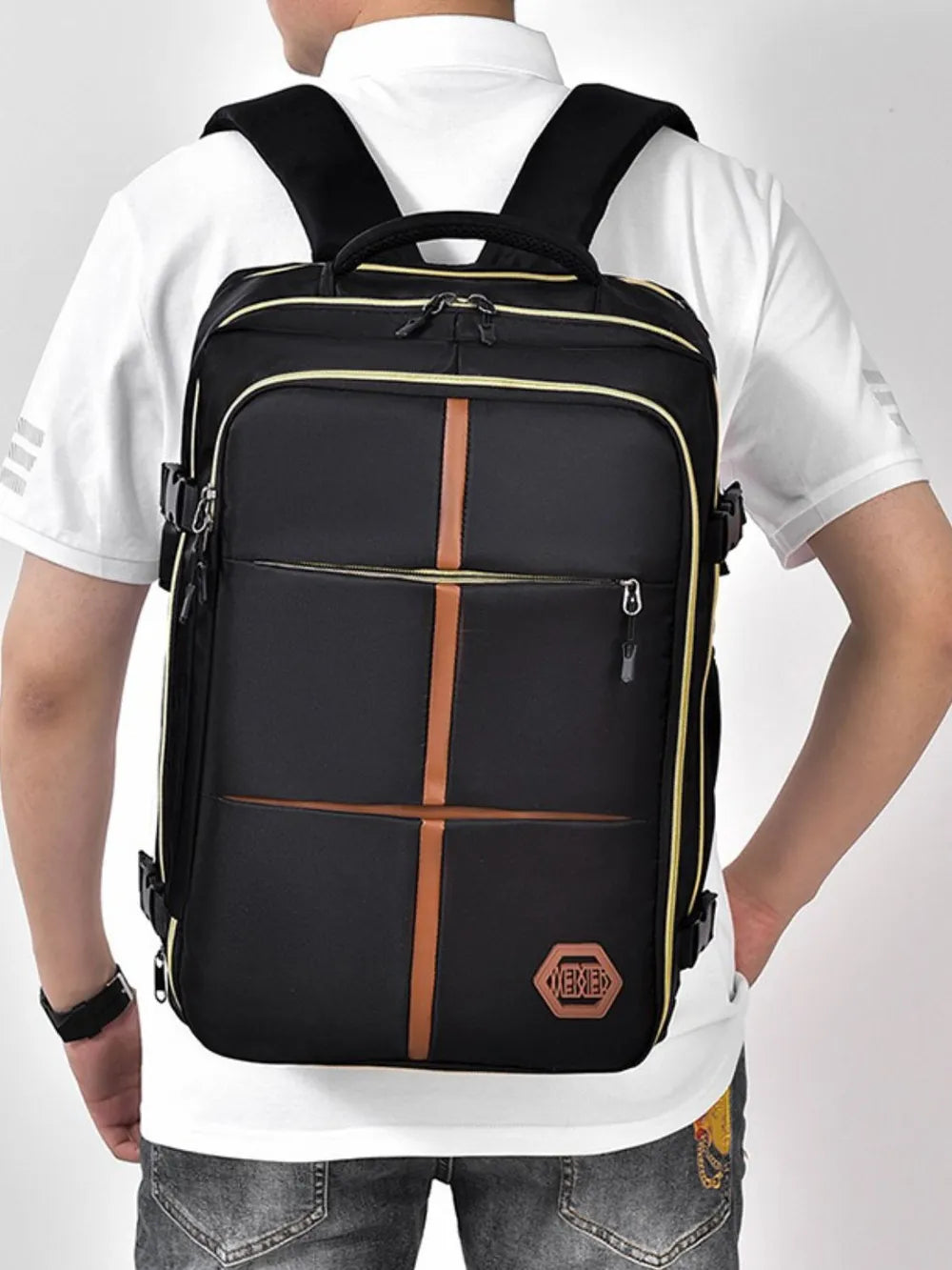 Black multifunction backpack bag with brown grid stripe, front zip pockets, adjustable shoulder straps