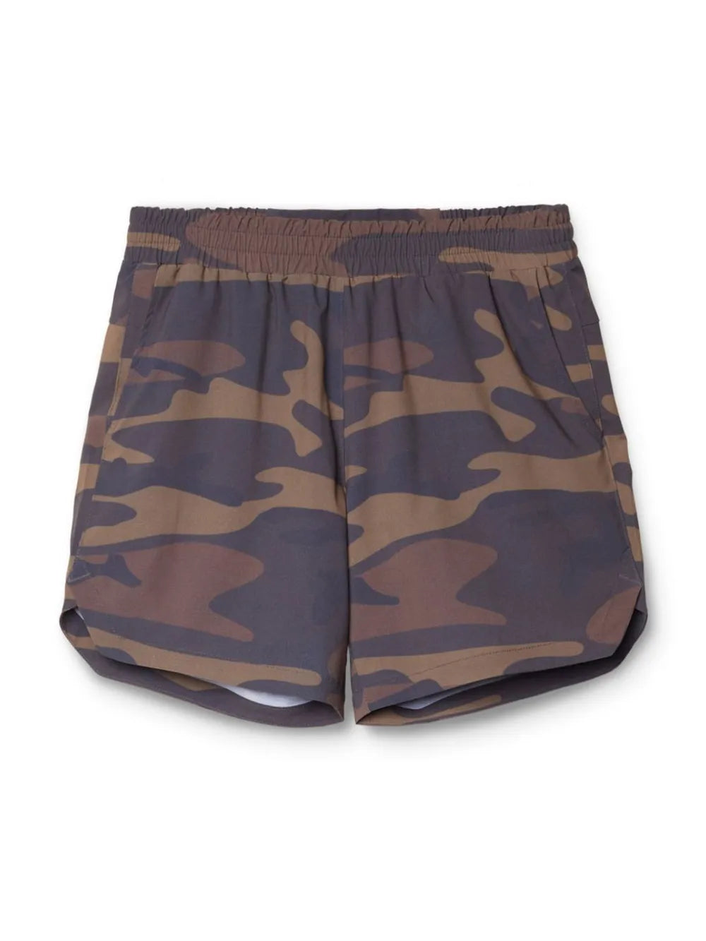 Camouflage active shorts with elastic waistband, dark brown and blue