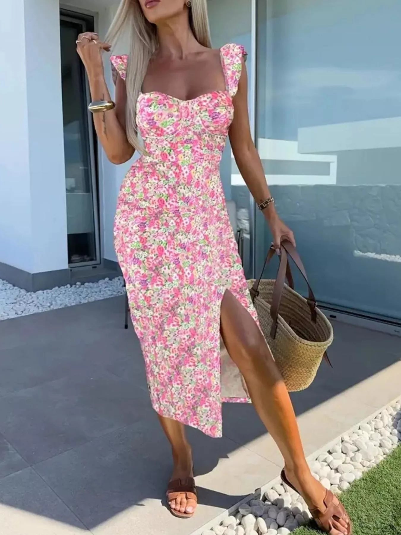 Pink floral midi dress with sweetheart neckline, ruffle straps, thigh slit