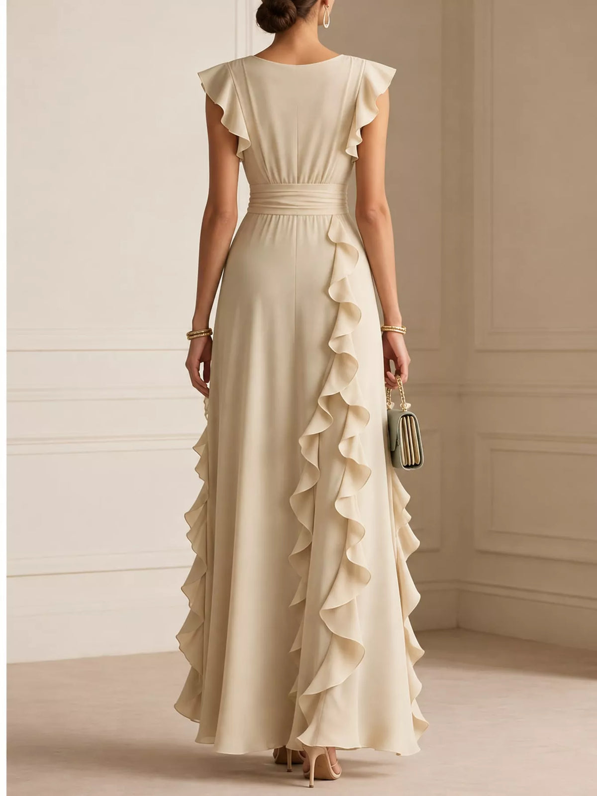 Sleeveless ruffled high-waist maxi dress, light apricot, with back ruffle tiers and V-neck