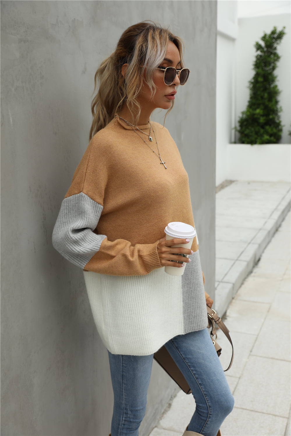Tan and light-gray color-block round-neck sweater with dropped shoulders, long sleeves