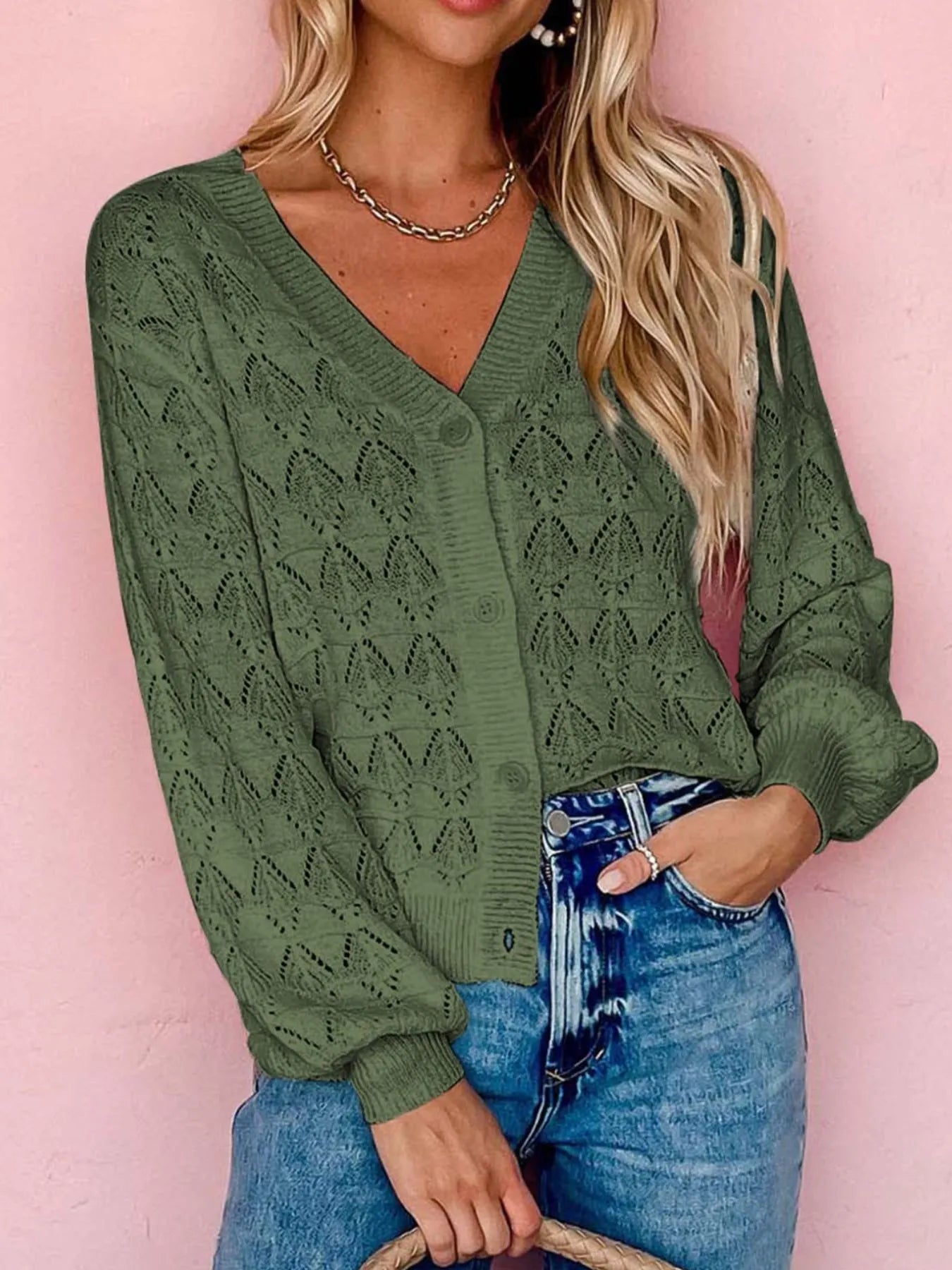 Olive green openwork button-up cardigan with V-neck and long sleeves, front view