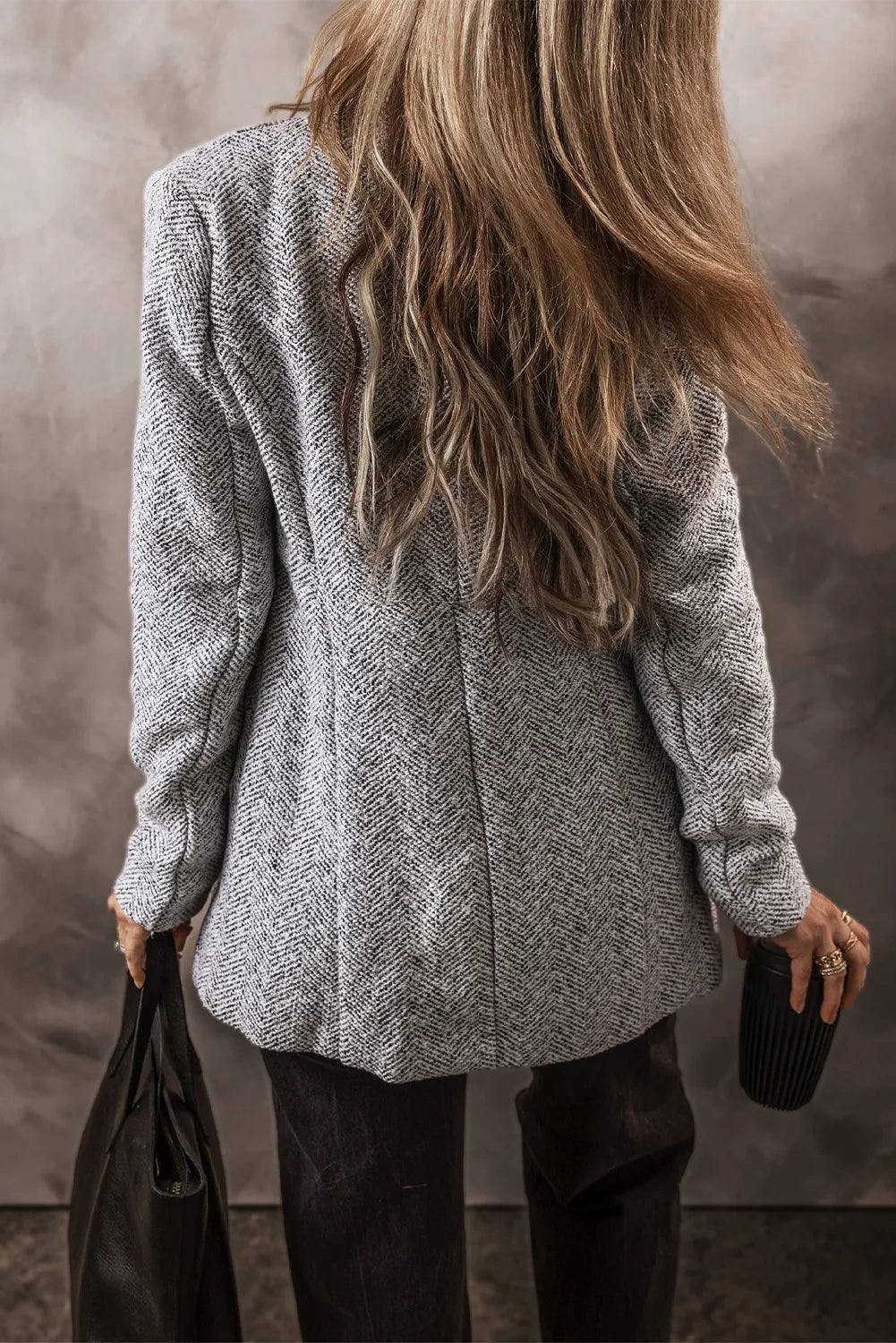 Light gray textured open-front long sleeve jacket, back view