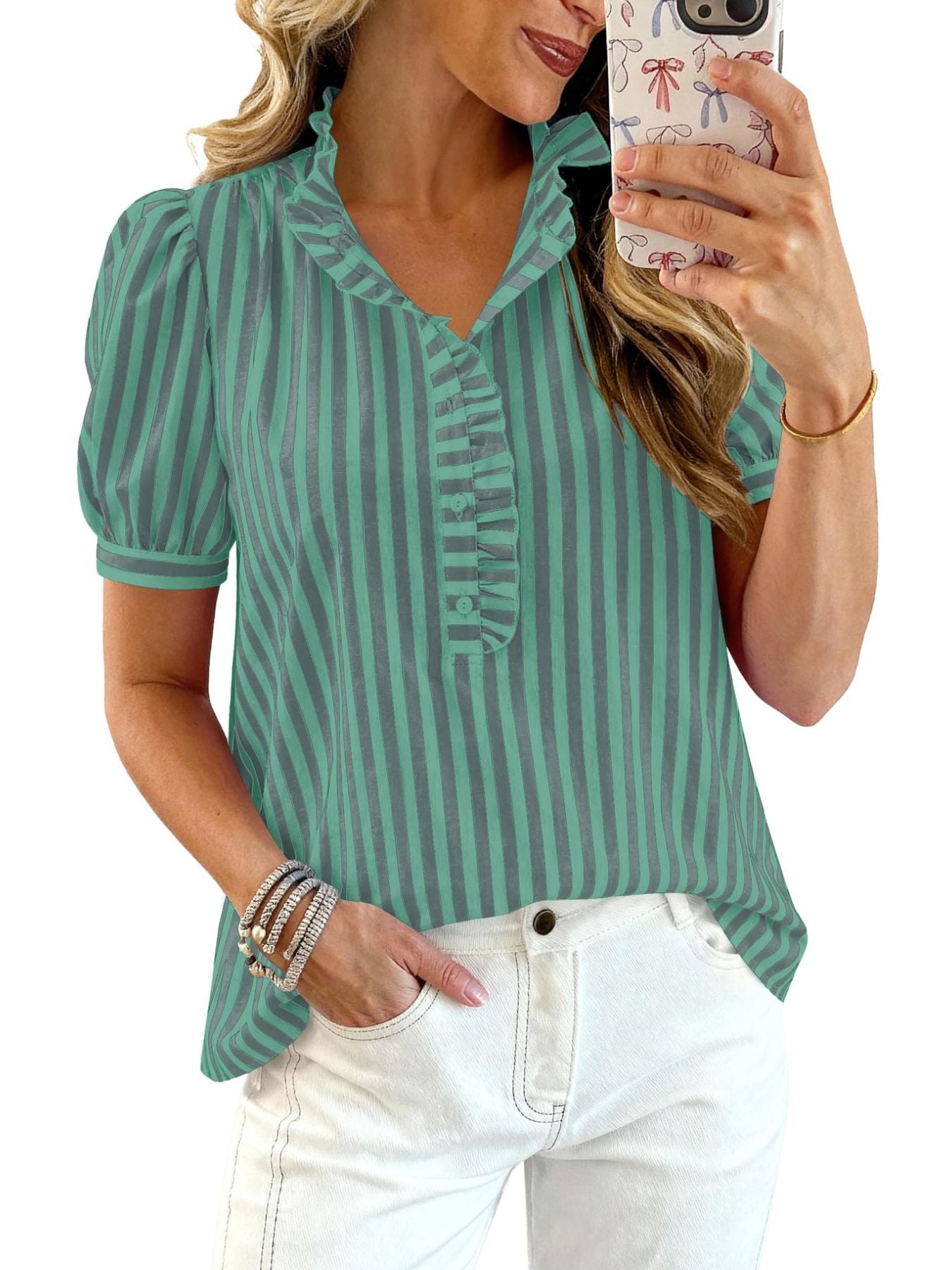 Frill Striped Puff Sleeve Blouse in teal-green with buttoned front and ruffled placket (Trendsi)