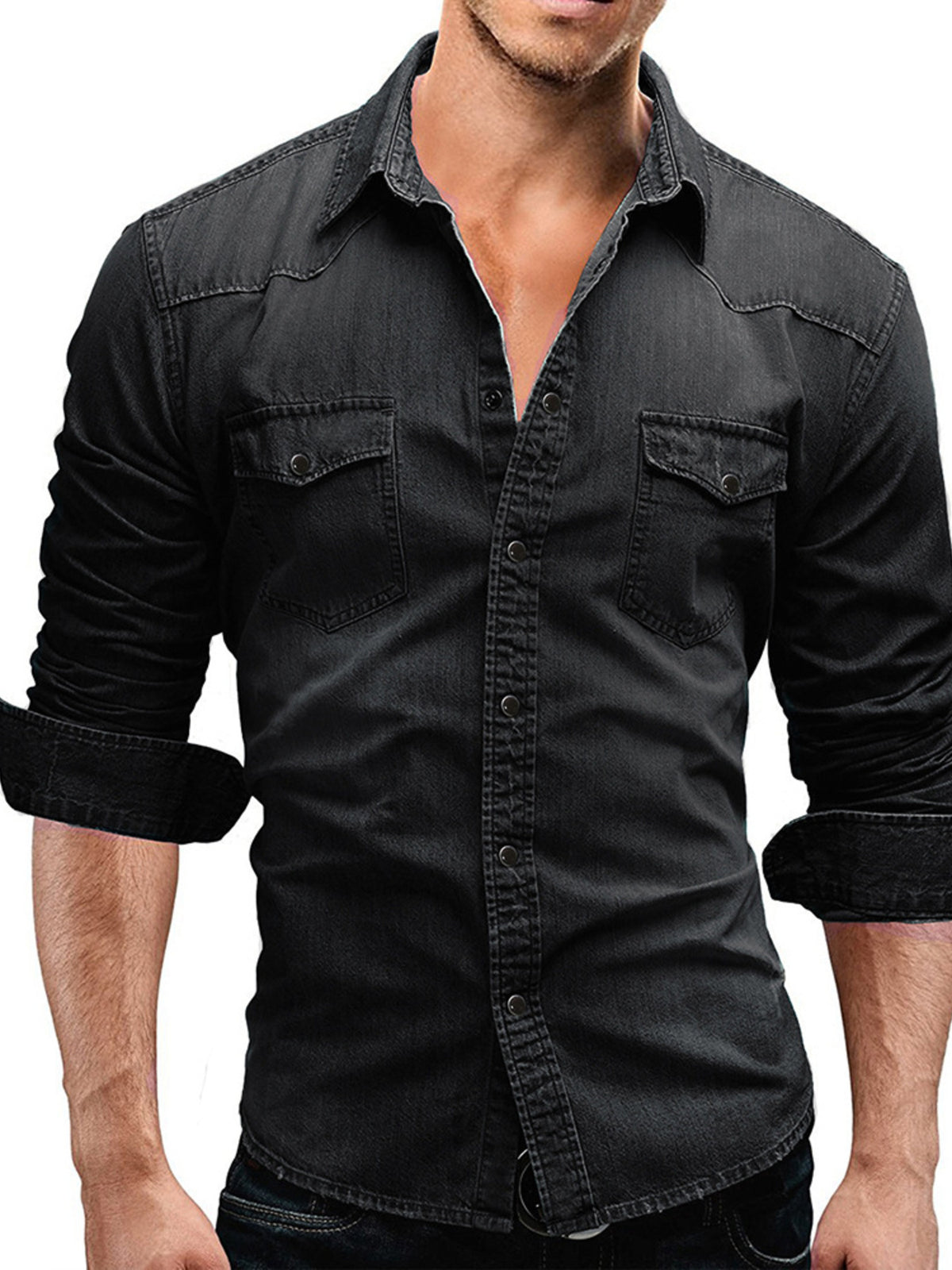 Washed dark gray denim button-up shirt with two chest pockets and long sleeves