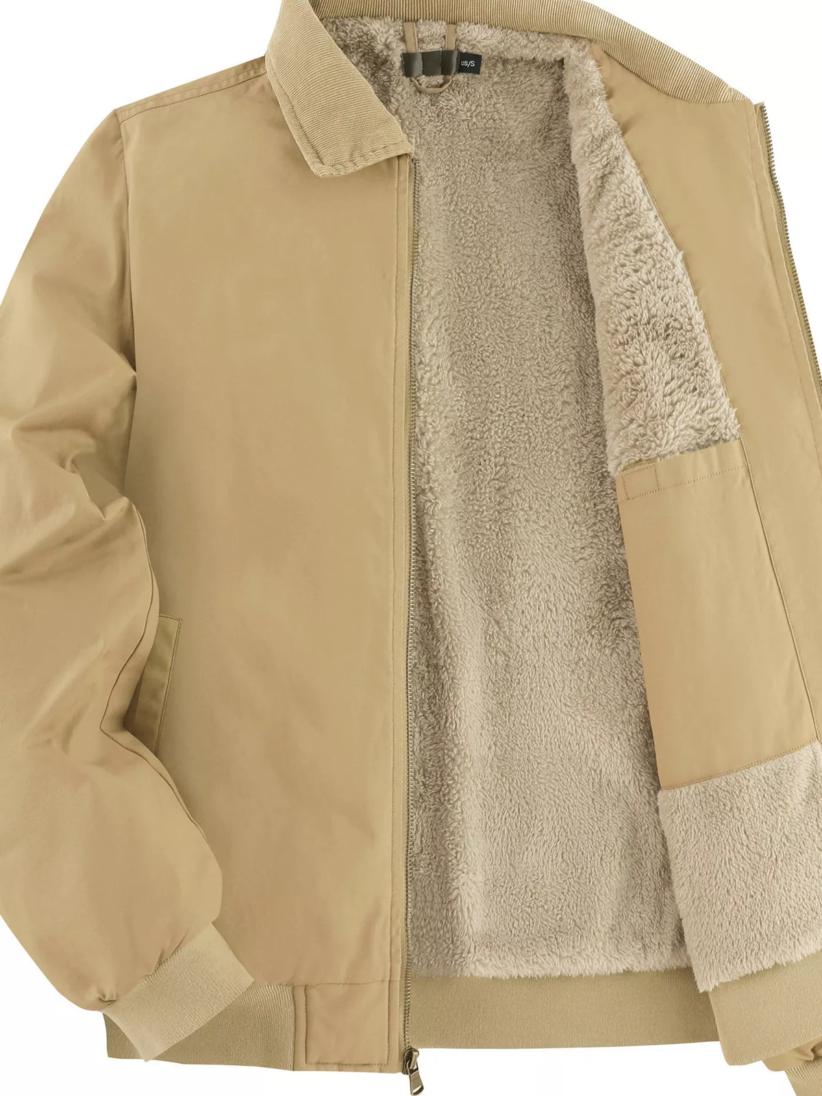 Men's sherpa-lined zip-up jacket with chest pocket and interior sherpa lining, khaki tone.