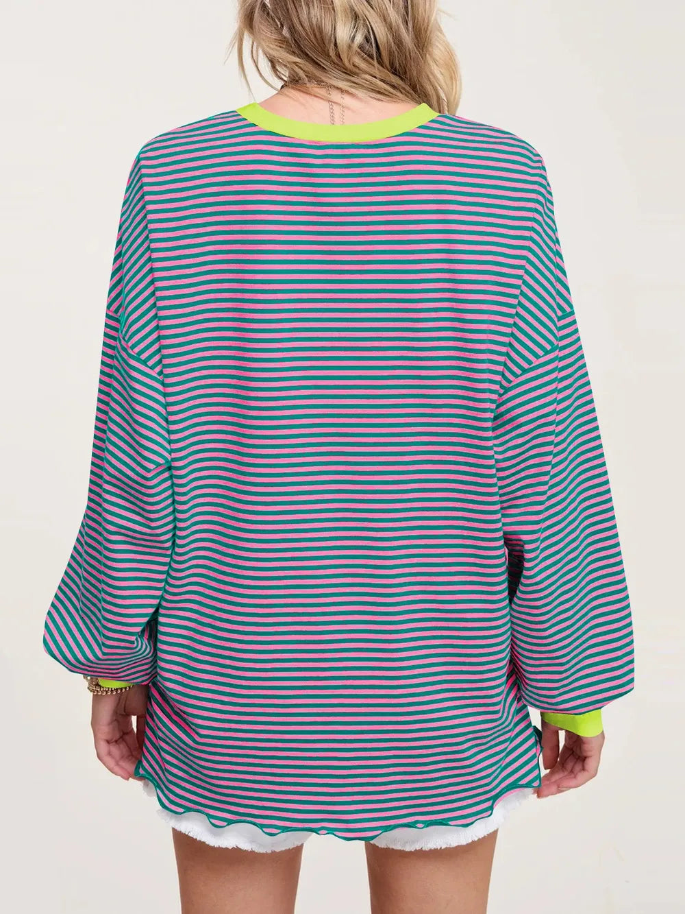 Contrast striped long-sleeve sweatshirt, teal body with green trim and purple-blue stripes