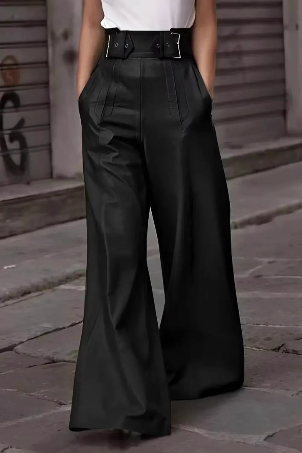 Black high-waist wide flare pants with button-front and belt loops