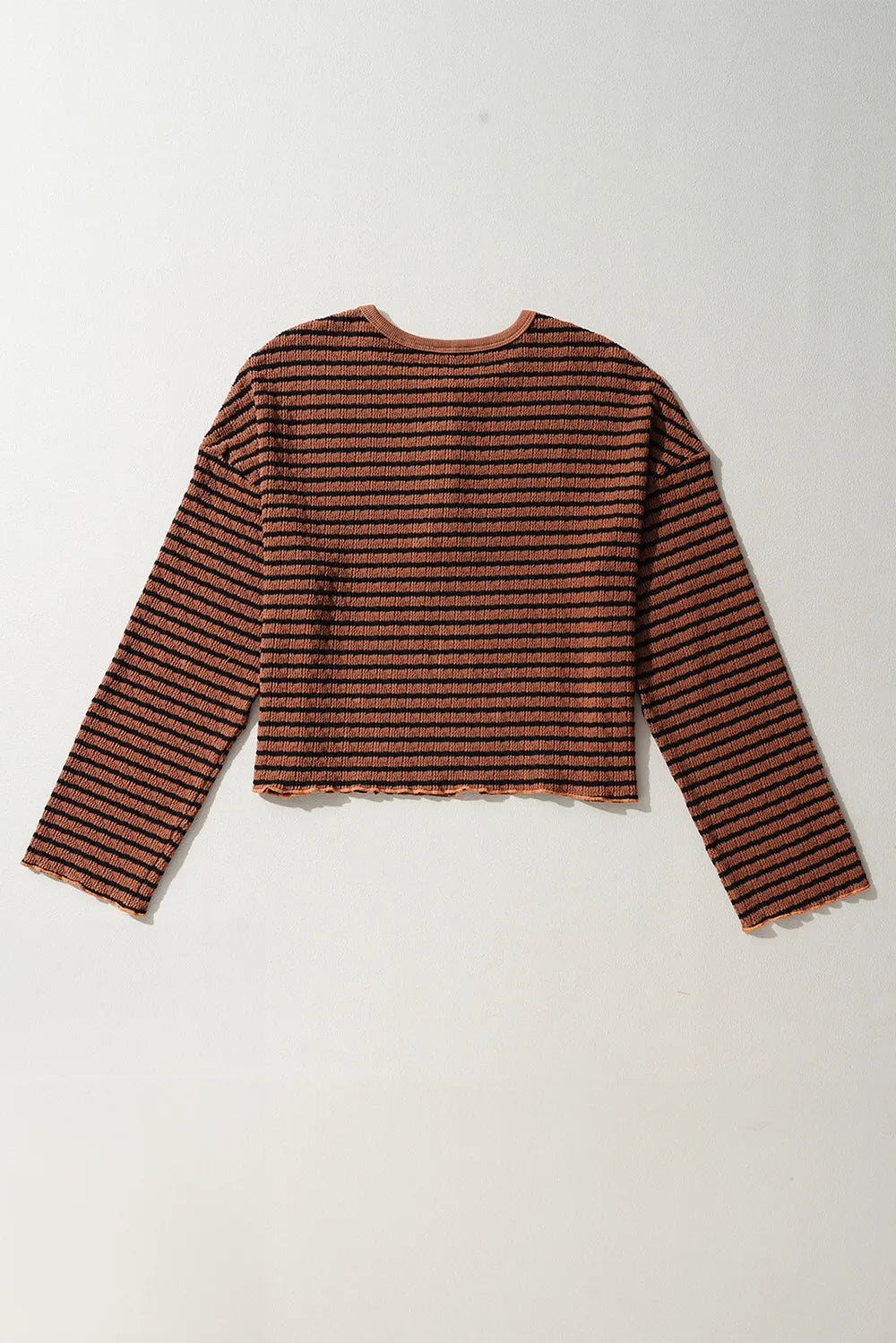 Caramel striped long-sleeve blouse with ribbed crew neck and buttonless back view