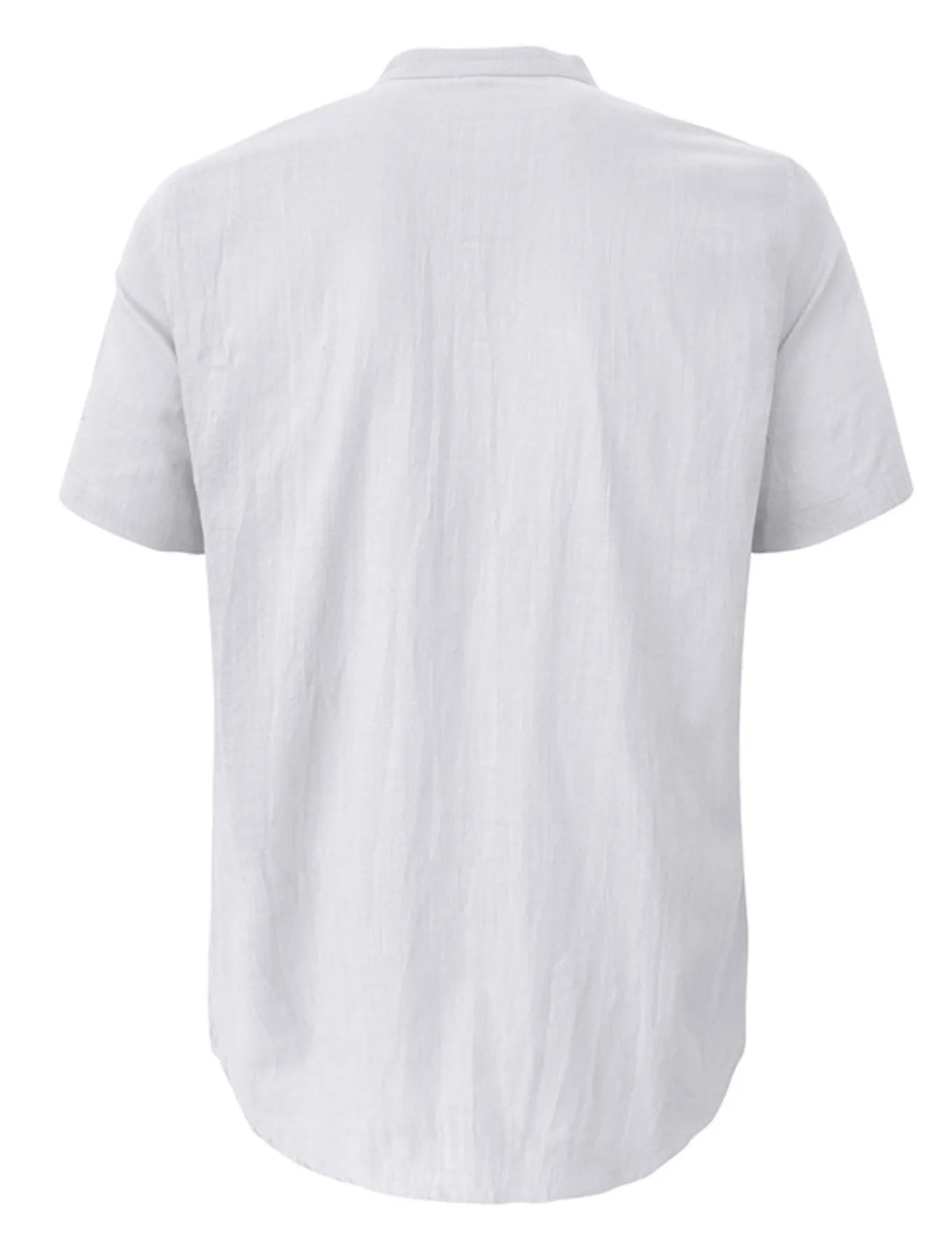 Men's linen polo shirt, white; short sleeves, back view with standard collar.