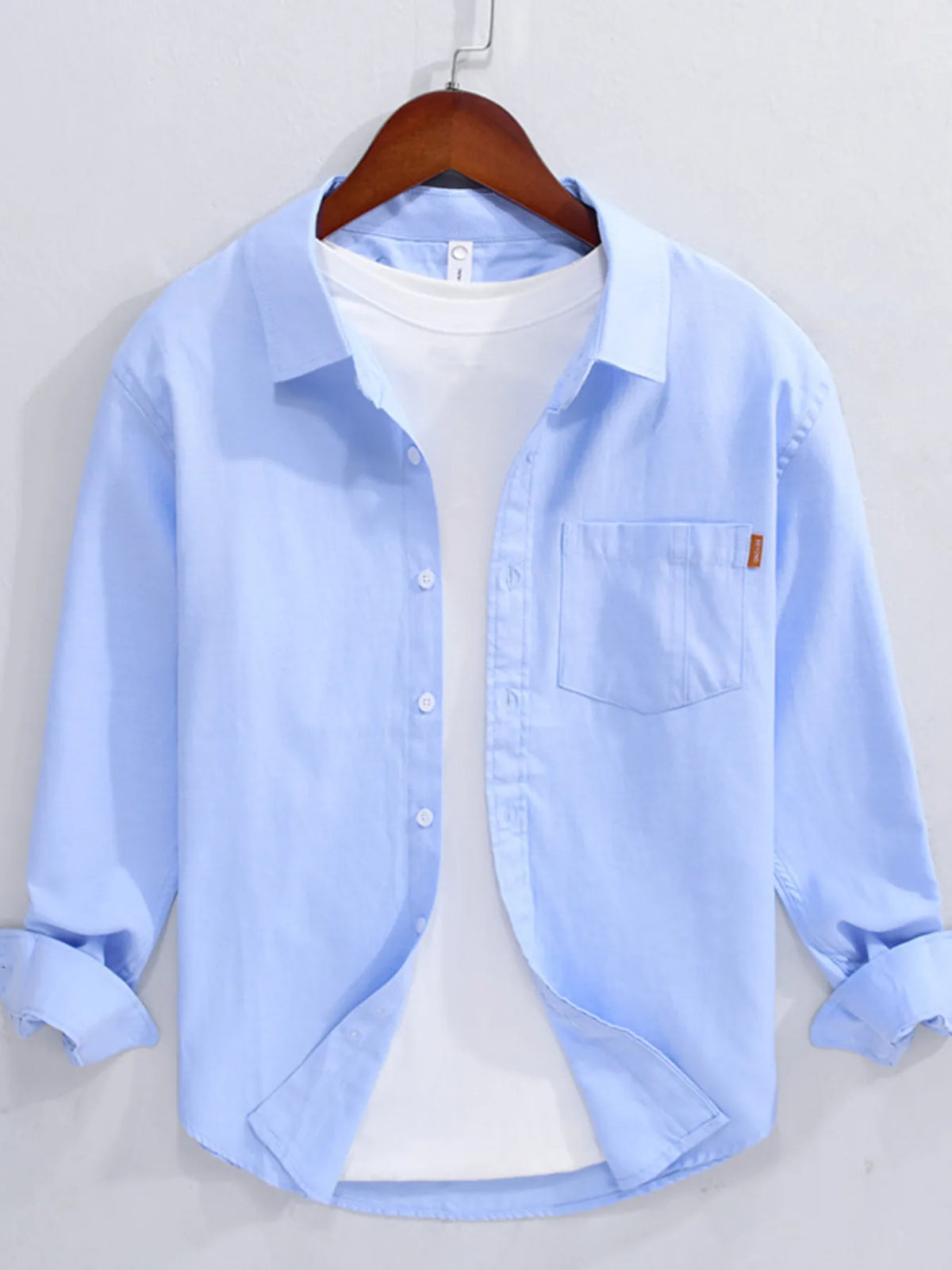 Men's cotton button-up long sleeve shirt, light blue, front pocket and button placket