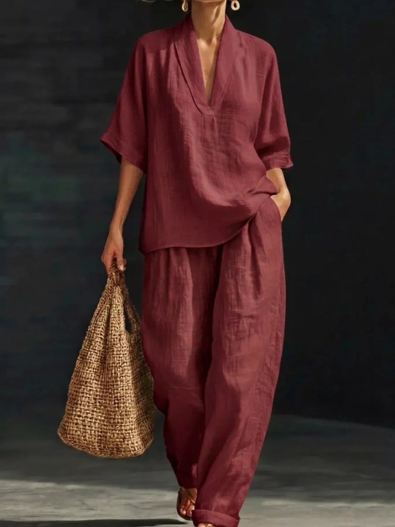 Burgundy half-sleeve loose fit top and matching pants set, V-neck