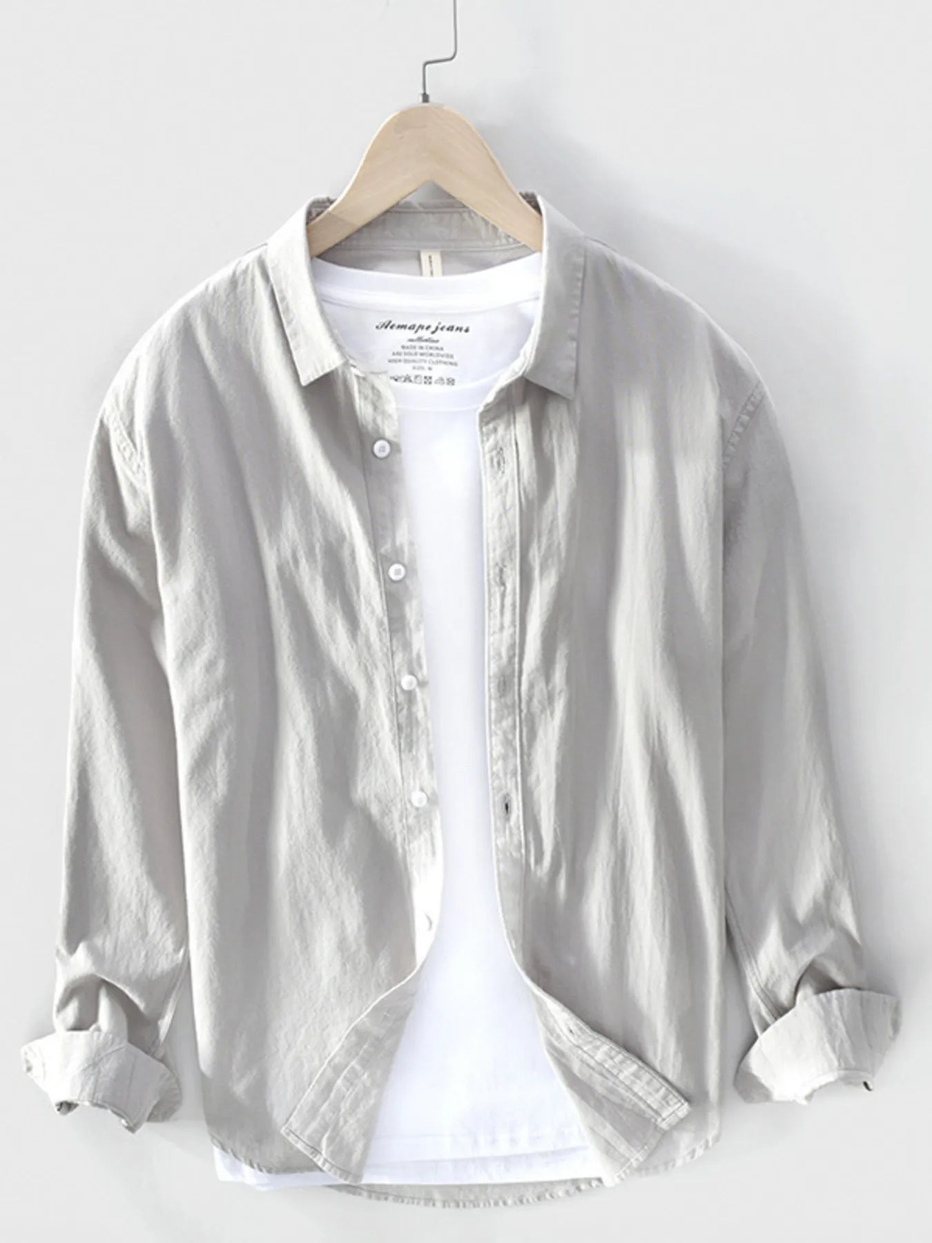 Men's plus size long-sleeve button-up shirt, light gray, white button front