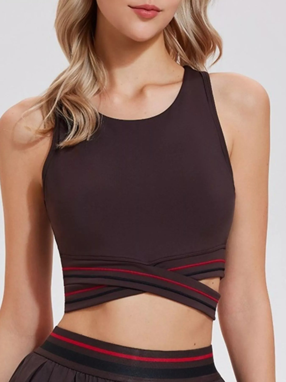Chocolate quick-dry active tank top with criss-cross hem and red/black striped trim